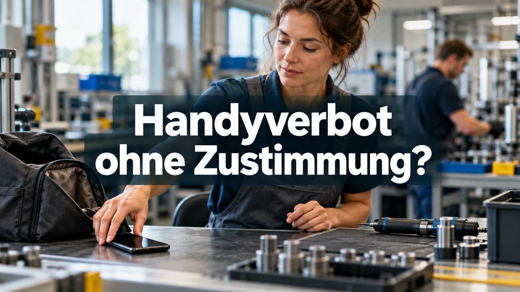 Fiktive Beschäftigte legt ihr privates Smartphone am Werkplatz neben ihre Tasche. Zentraler Text: Handyverbot ohne Zustimmung?
