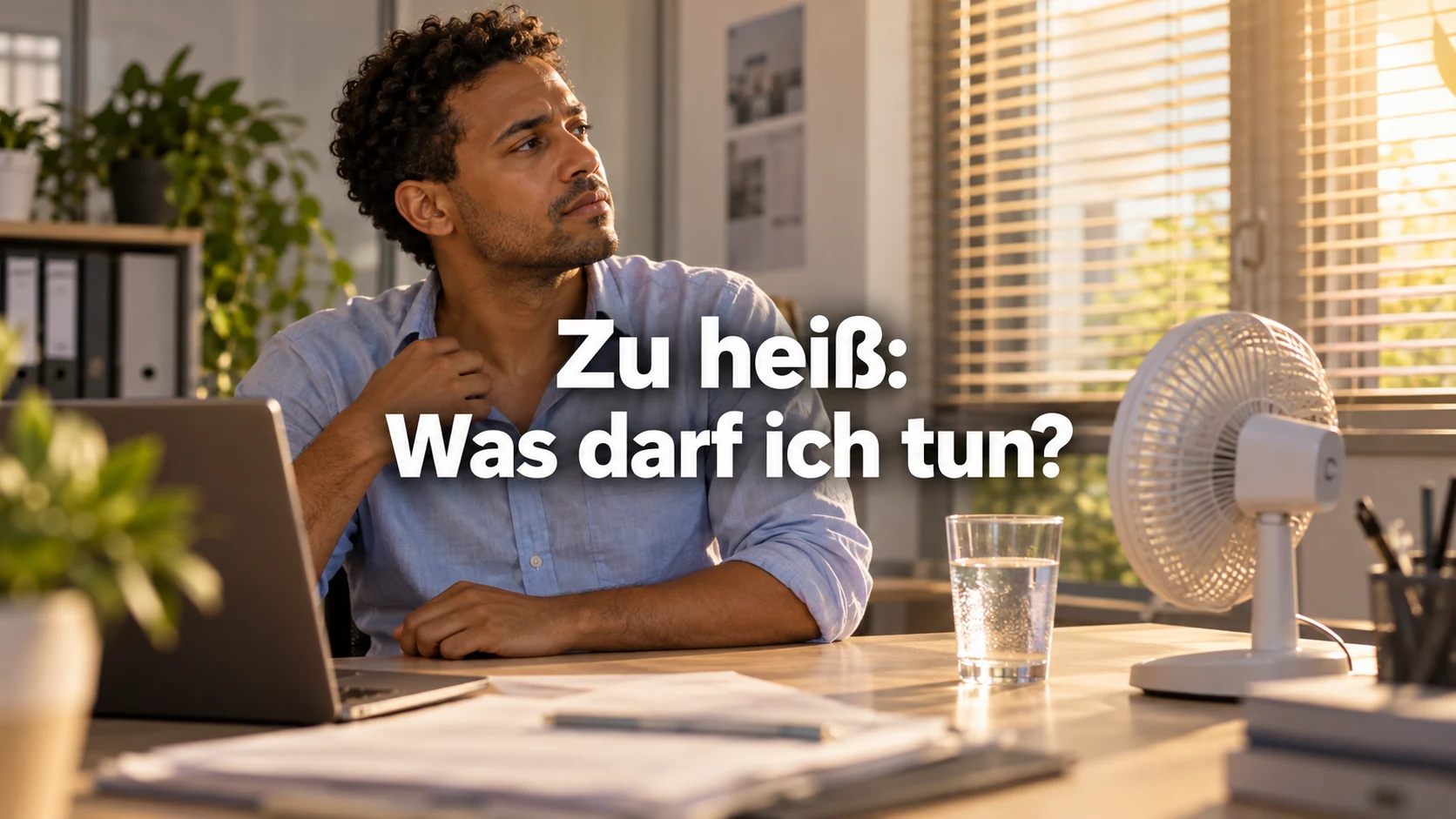 Beschäftigter im warmen Büro neben Ventilator und Wasserglas schaut zum Sonnenschutz. Zentraler Text: Zu heiß: Was darf ich tun?
