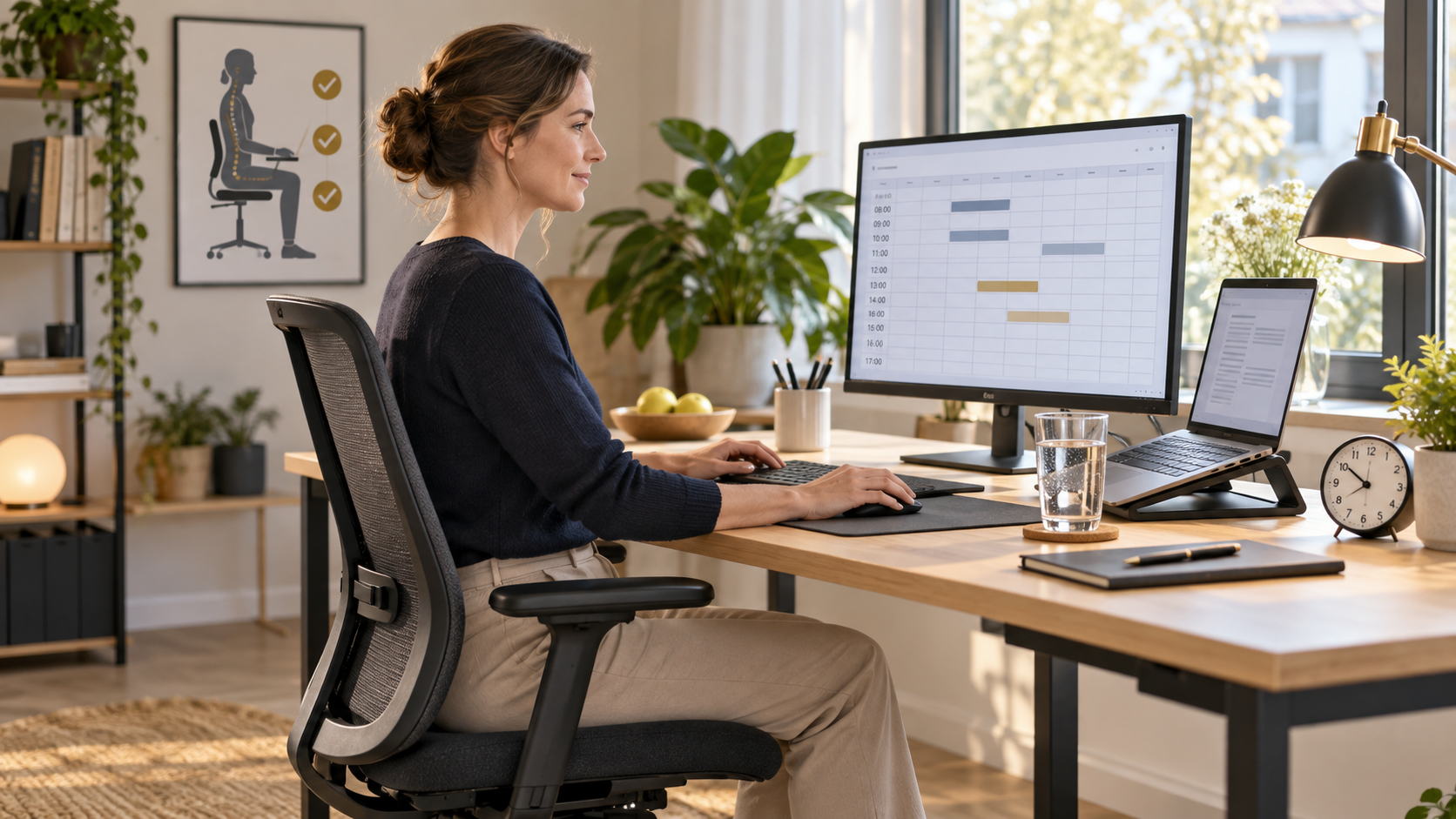 Ergonomisch eingerichteter Homeoffice-Arbeitsplatz mit Monitor, Laptop, Uhr und Arbeitszeitübersicht.