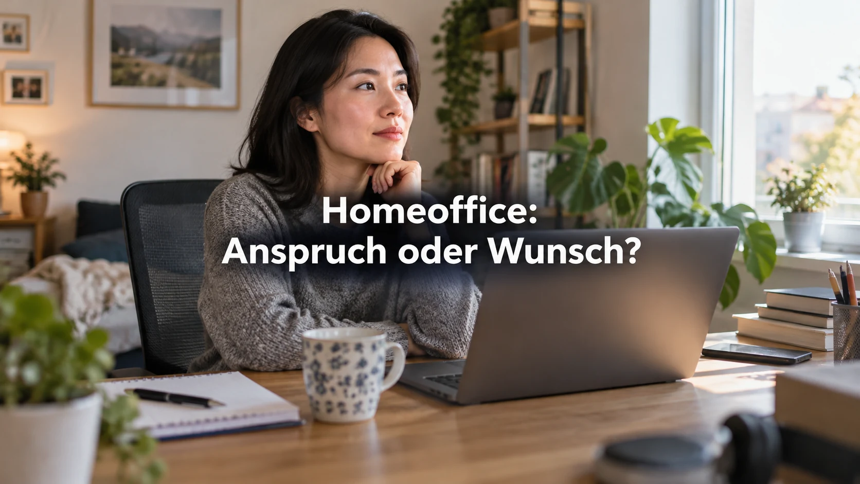 Homeoffice: Anspruch, Kosten, Arbeitszeit und Rückkehr ins Büro. Repräsentative Szene; zentraler Text: Homeoffice: Anspruch oder Wunsch?