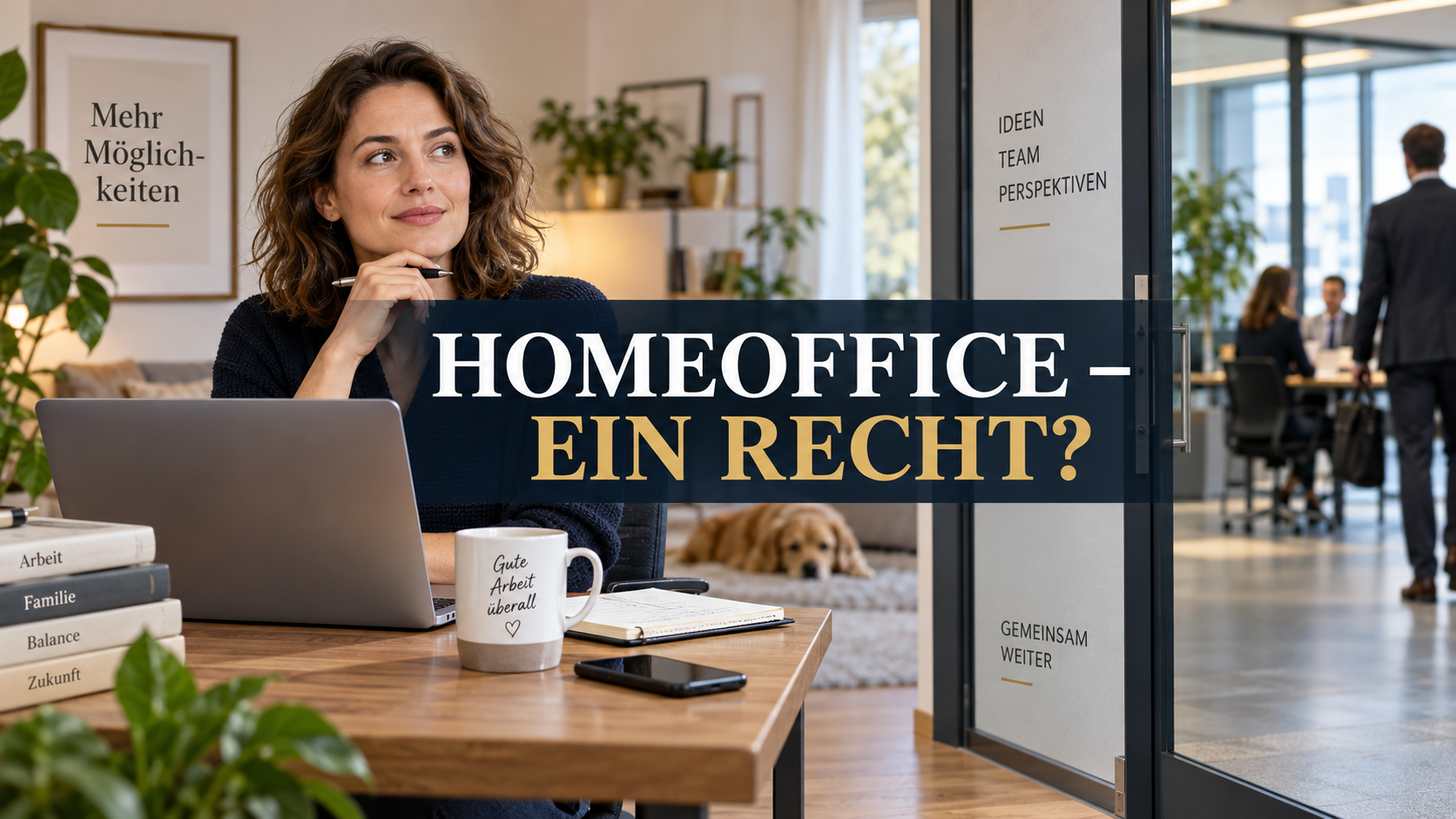 Arbeitnehmerin zwischen häuslichem Arbeitsplatz und Büro mit der Frage: Homeoffice – ein Recht?
