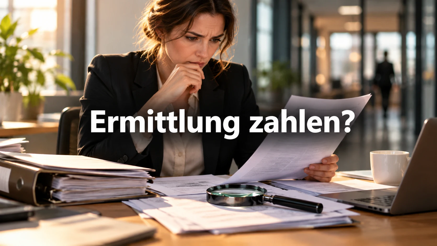 Fiktive Beschäftigte prüft eine Rechnung an einem Schreibtisch mit Untersuchungsmappe und Lupe; zentraler Text: Ermittlung zahlen?