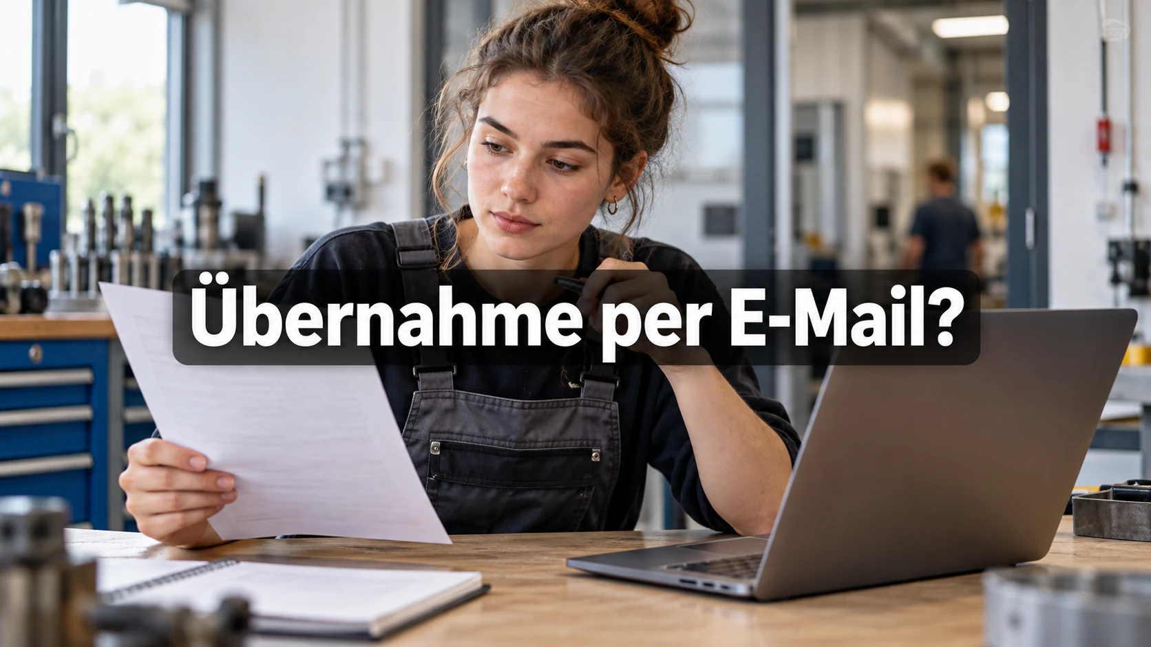 Fiktive erwachsene Auszubildende vergleicht Brief und Laptop am Arbeitsplatz; zentral steht: Übernahme per E-Mail?