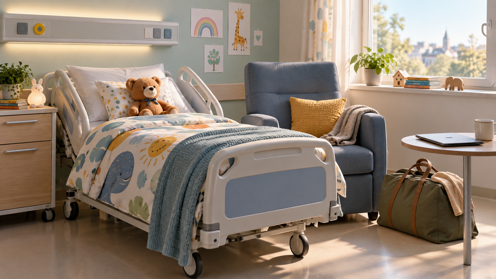 Kinderzimmer im Krankenhaus mit Begleitstuhl, Übernachtungstasche und beiseitegelegtem Arbeitslaptop.