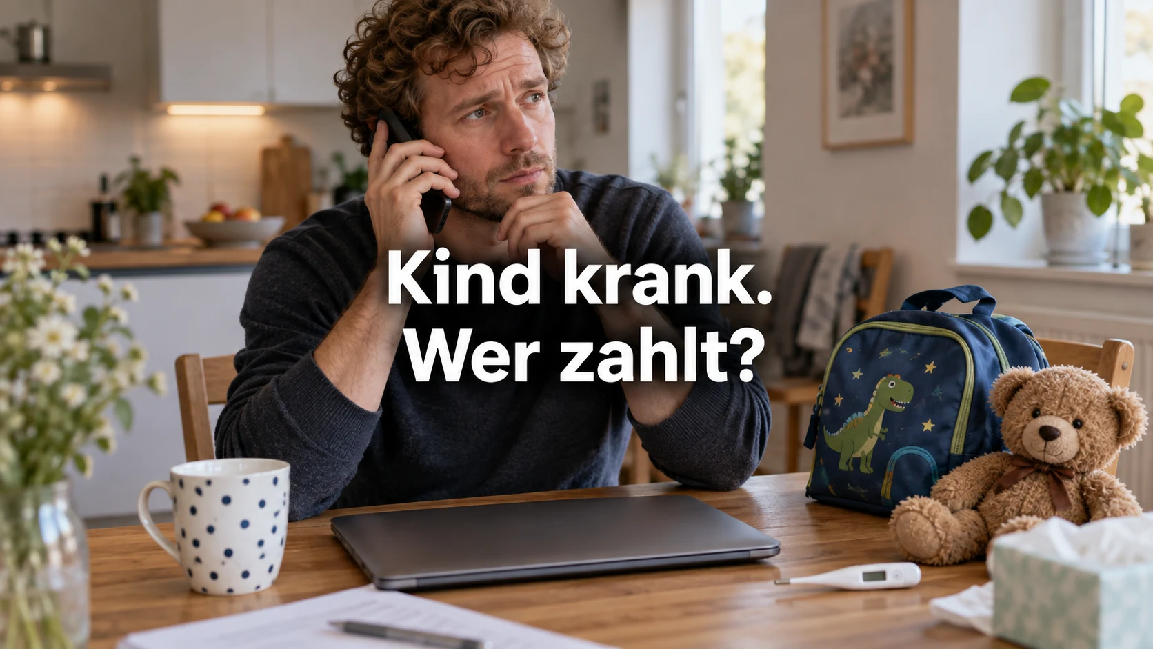 Kind krank: Freistellung und Kinderkrankengeld 2026. Repräsentative Szene; zentraler Text: Kind krank. Wer zahlt?