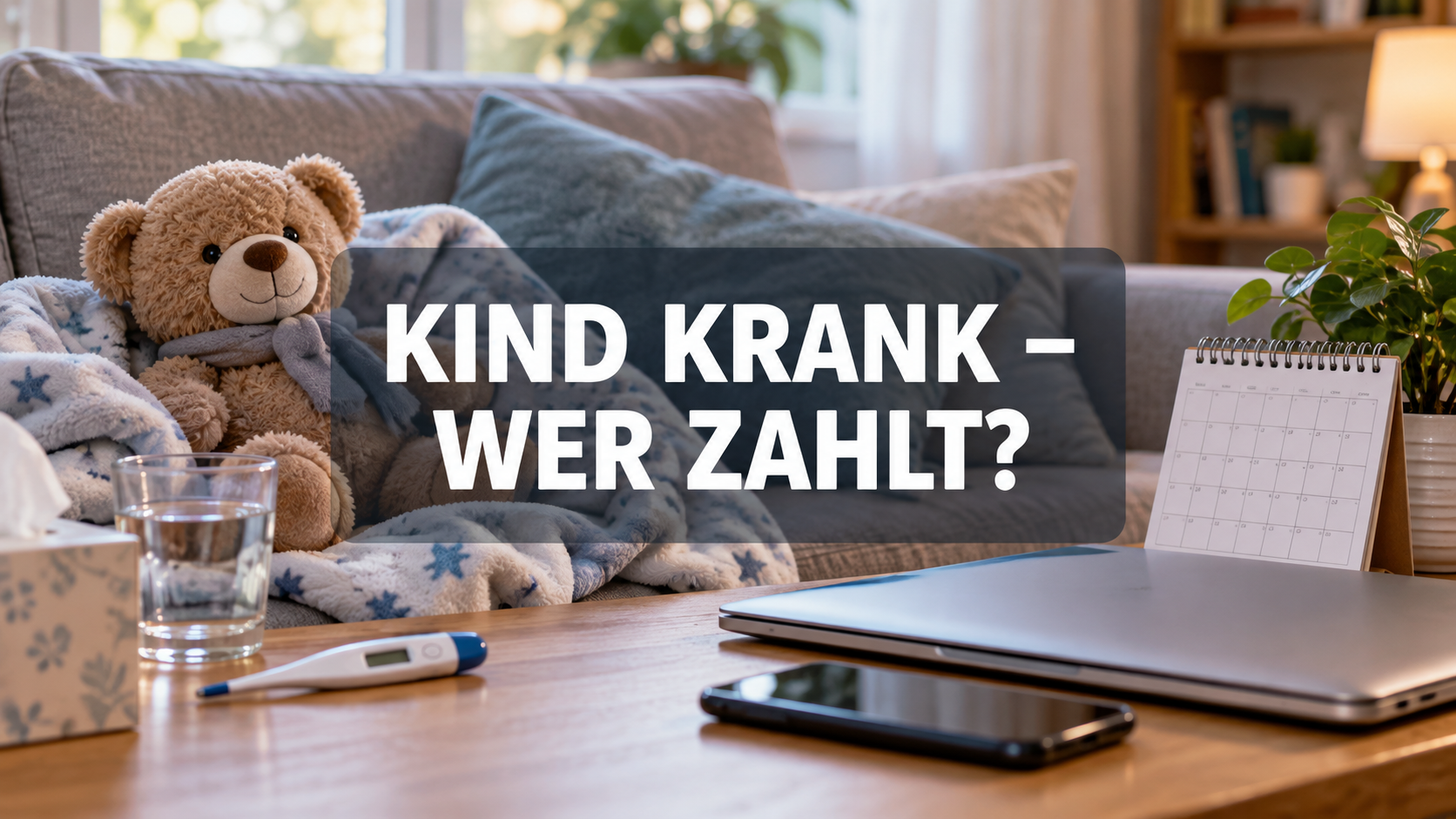 Sofa mit Kuscheltier, Thermometer, Laptop und der Frage: Kind krank – wer zahlt?