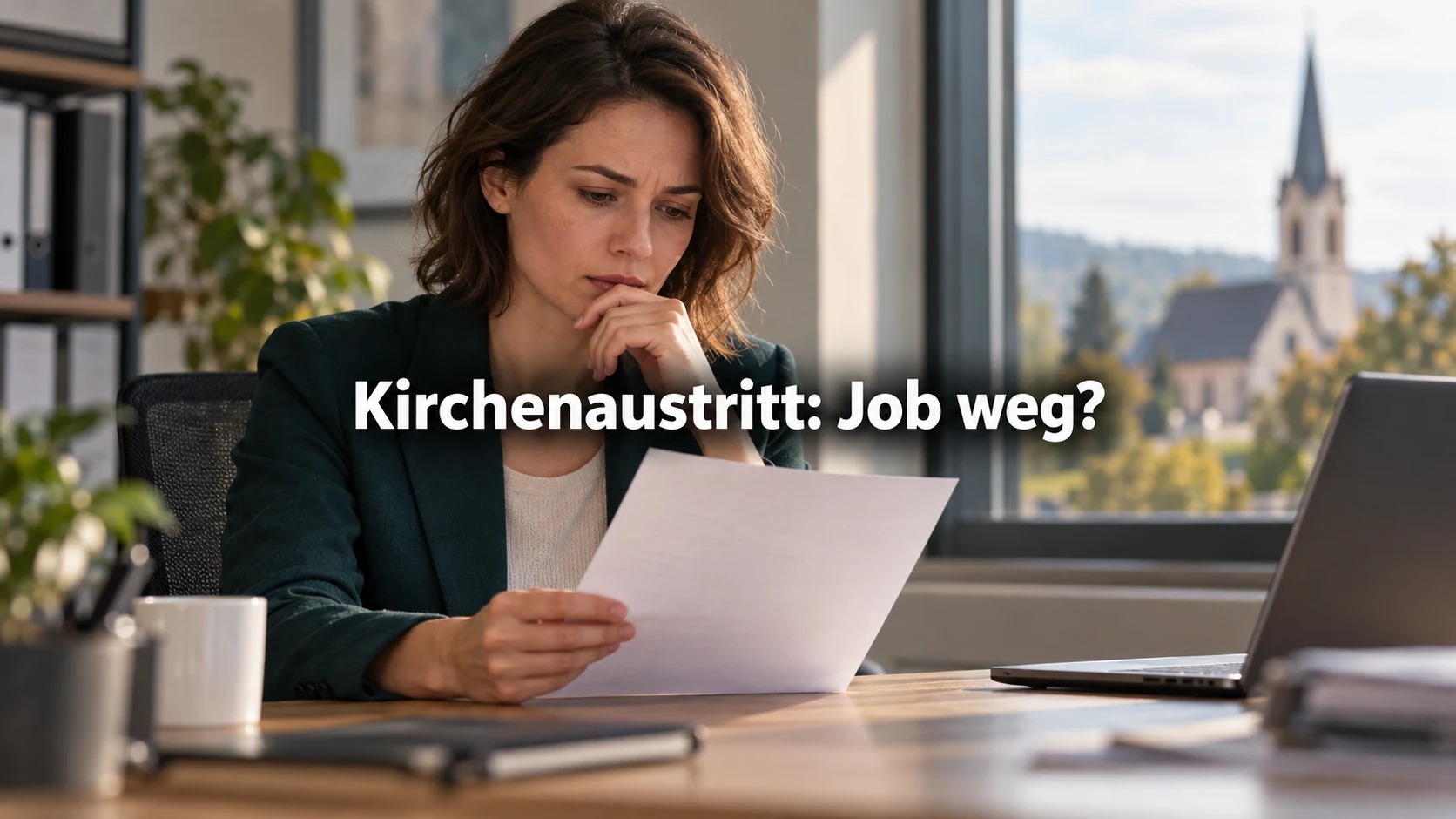 Fiktive Beschäftigte prüft einen Brief am Schreibtisch mit unscharfer Kirche im Hintergrund; zentral steht: Kirchenaustritt: Job weg?