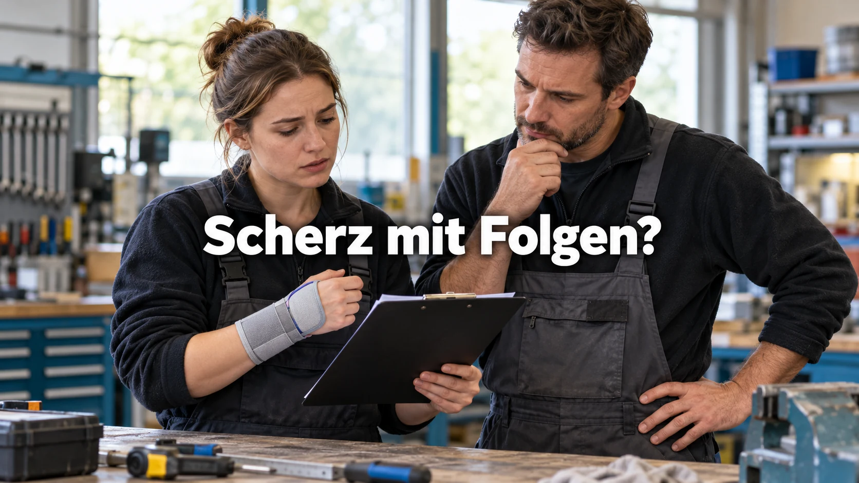 Fiktive erwachsene Werkstattbeschäftigte prüfen einen Unfallbericht; eine Person trägt eine Handgelenkstütze. Zentrale Frage: Scherz mit Folgen?