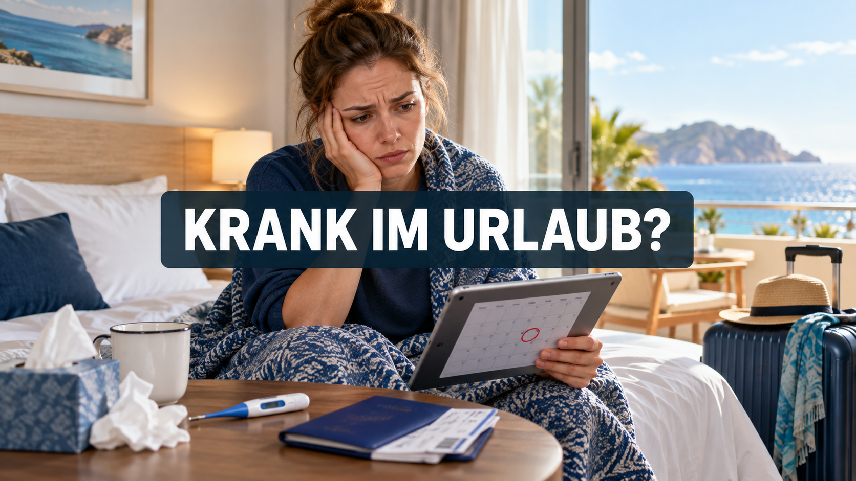 Erkrankte Reisende im Hotel mit der Frage: Krank im Urlaub?