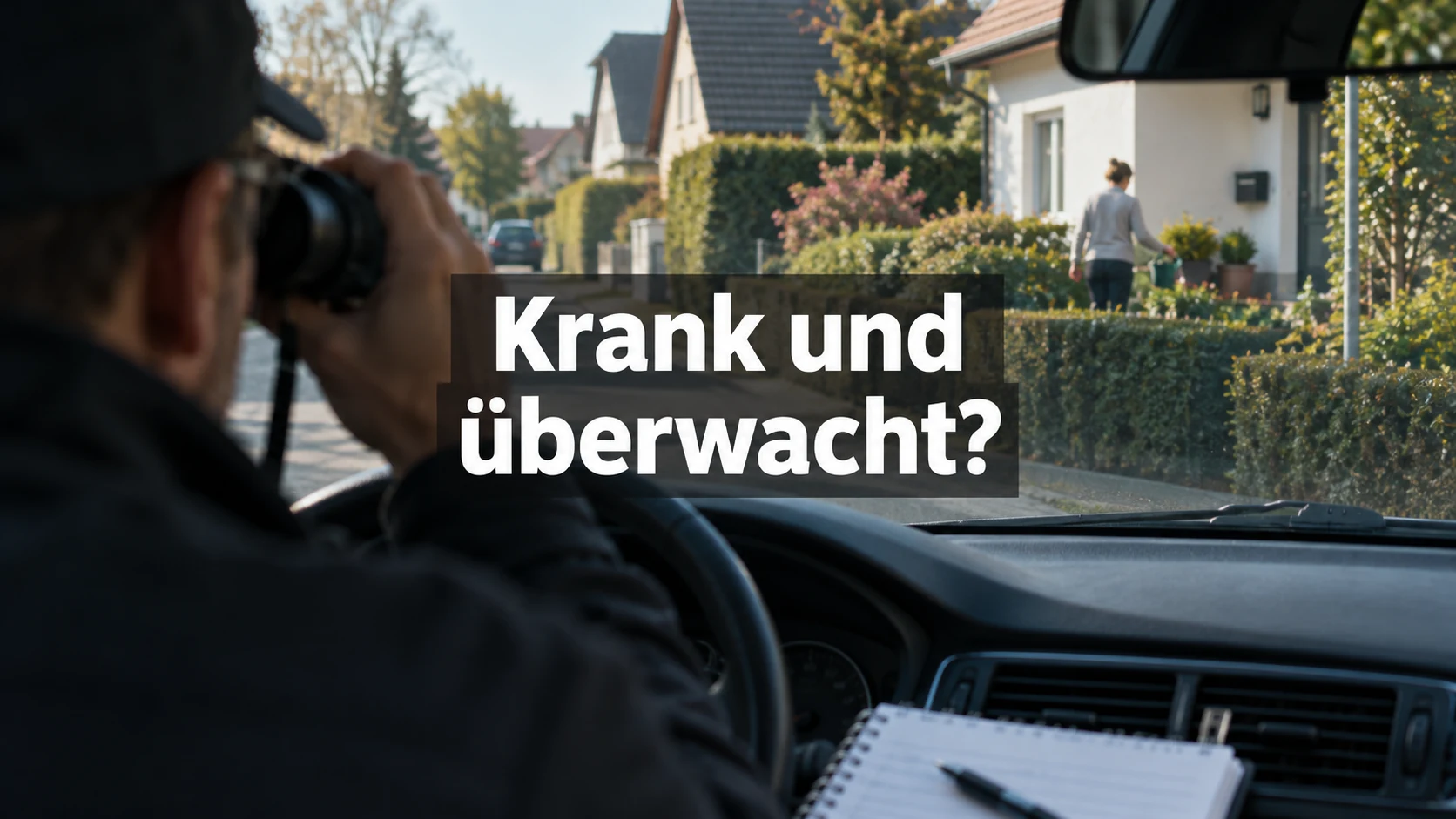 Fiktive redaktionelle Szene: Eine Person beobachtet aus einem geparkten Auto einen entfernten Hausbewohner. Zentraler Text: Krank und überwacht?