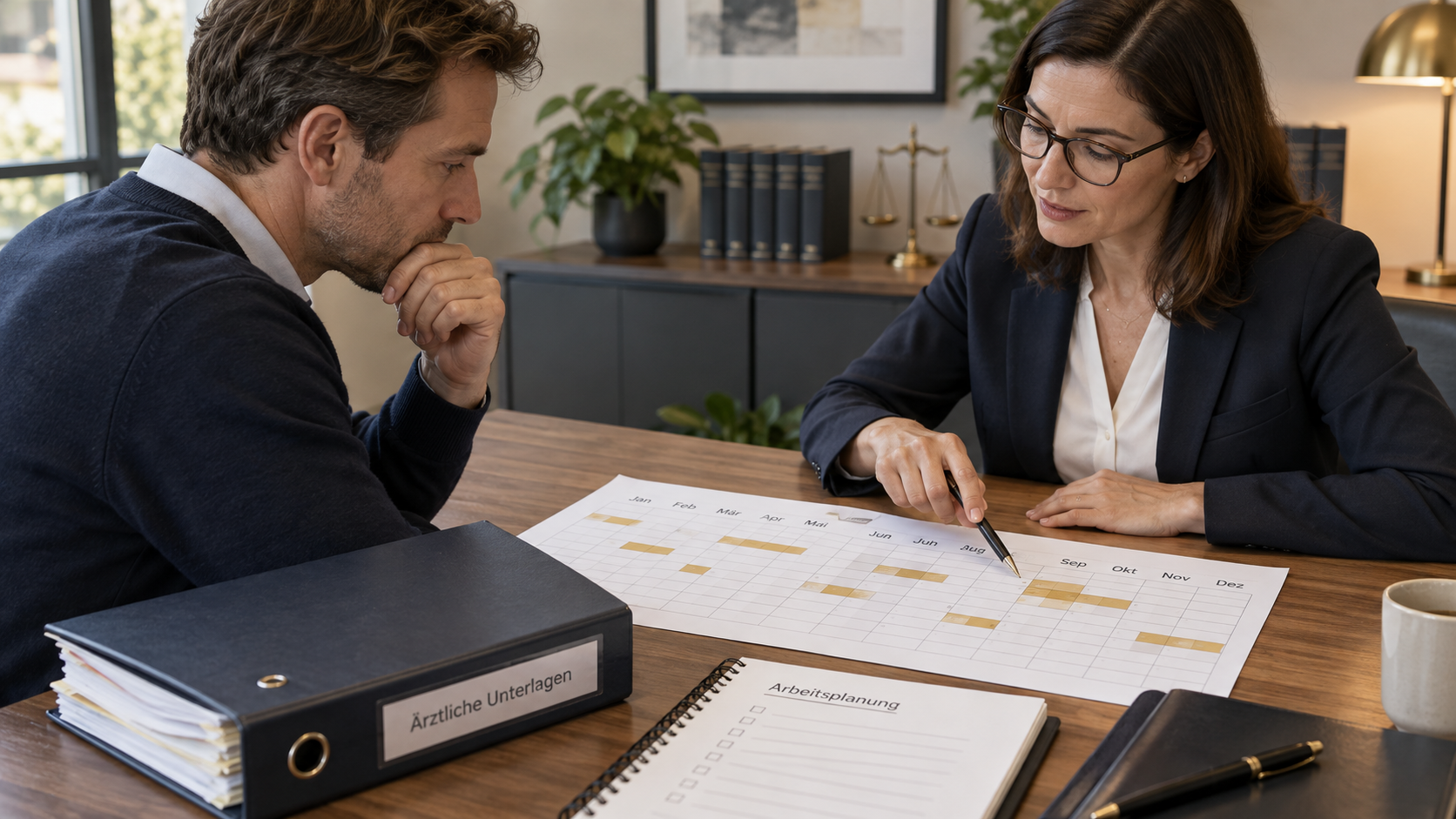 Arbeitnehmerin und Berater prüfen Fehlzeitenkalender, ärztliche Unterlagen und einen Arbeitsplatzplan.