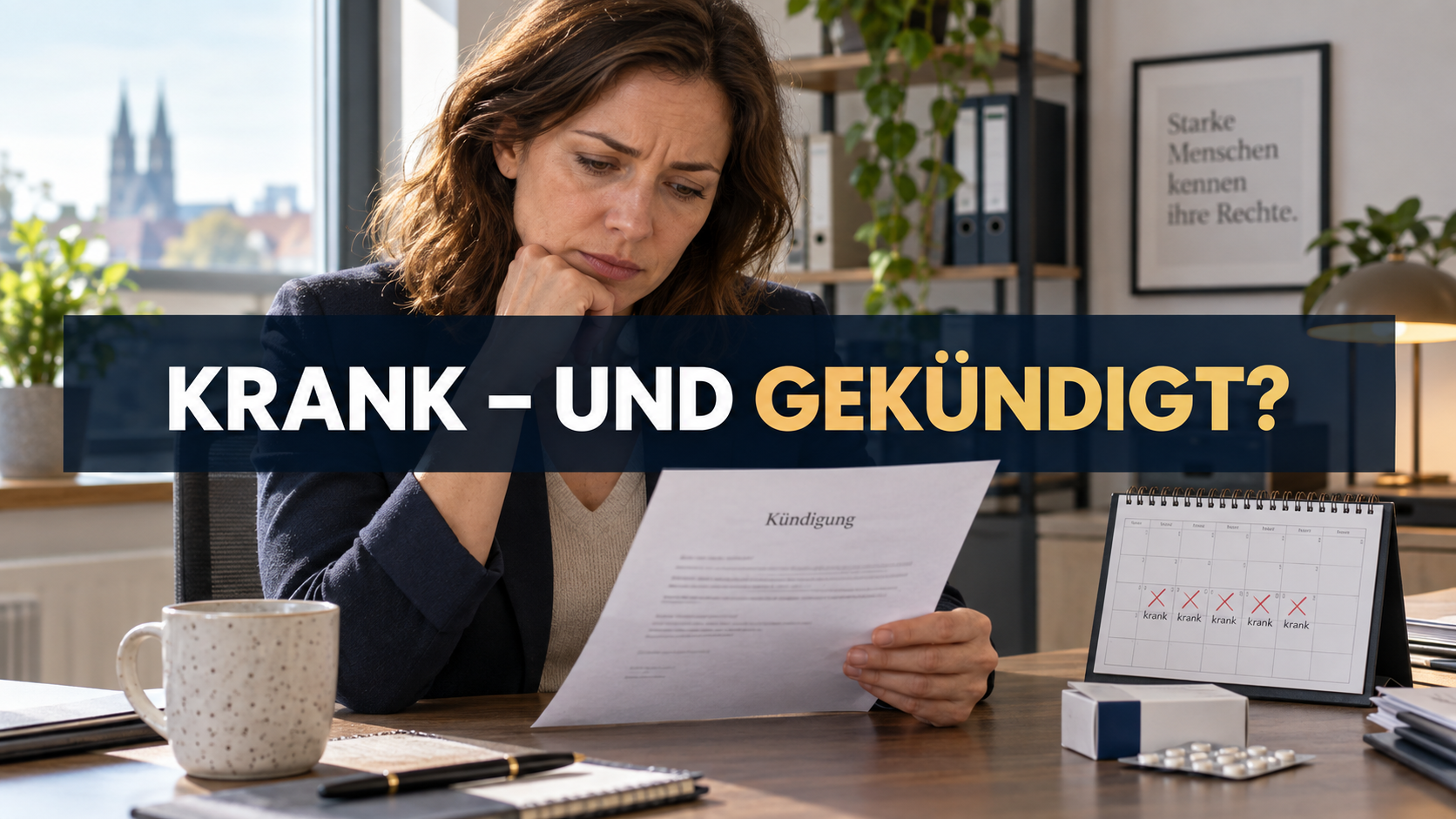 Arbeitnehmerin liest ein Kündigungsschreiben neben einem Fehlzeitenkalender mit der Frage: Krank – und gekündigt?