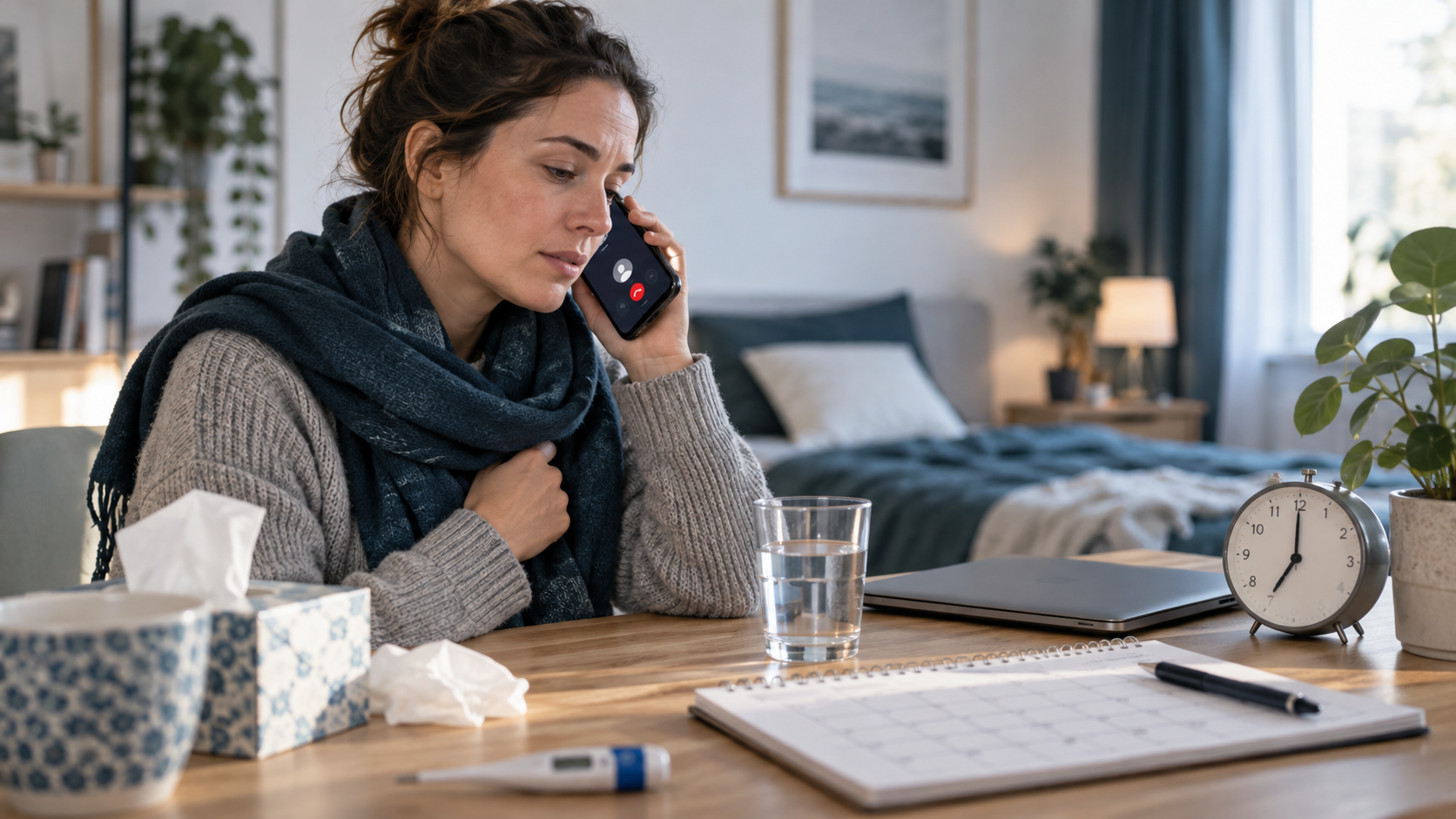 Eine erkrankte Arbeitnehmerin meldet sich morgens telefonisch beim Arbeitgeber krank.