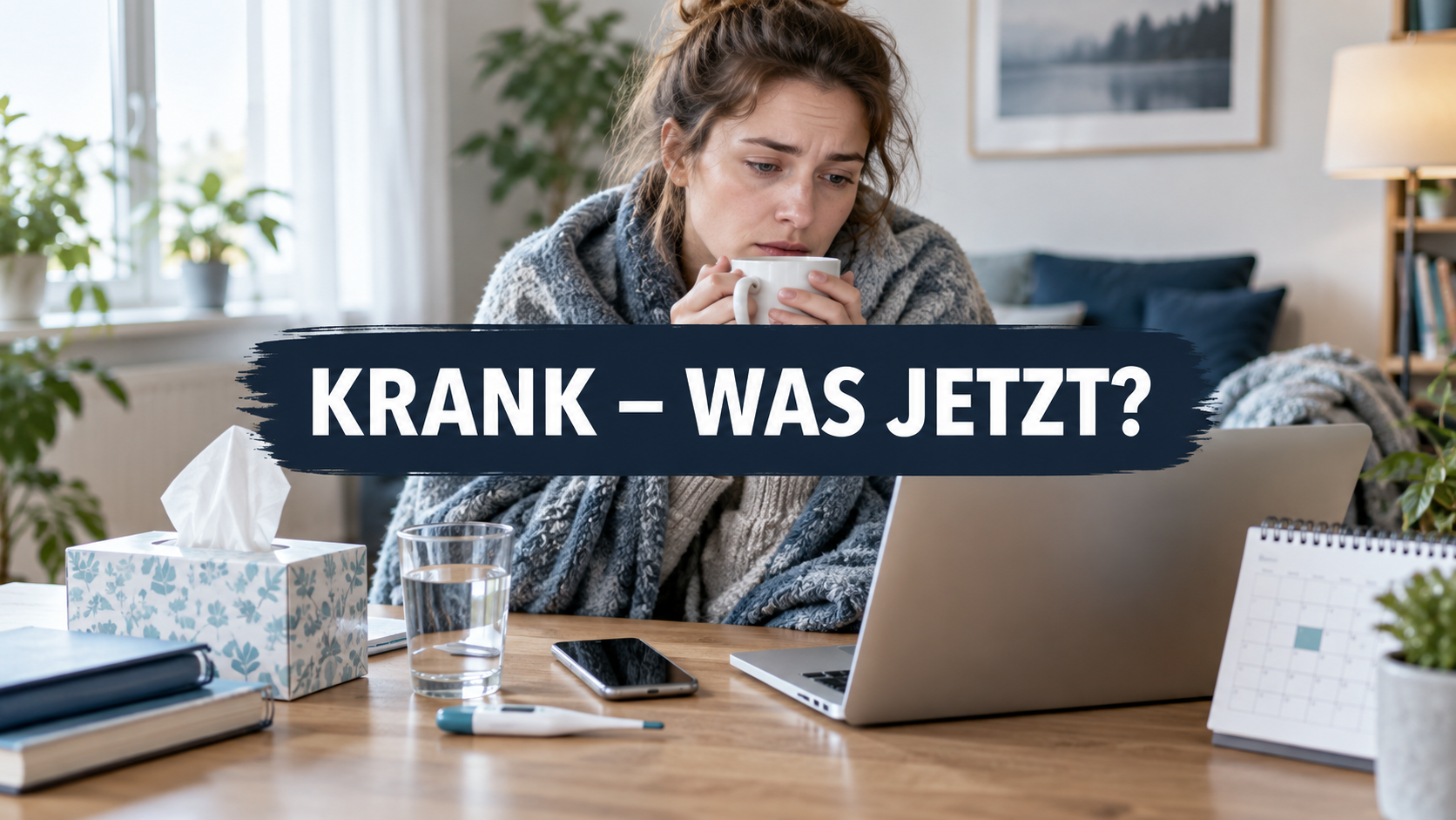 Erkrankte Arbeitnehmerin am heimischen Schreibtisch mit der Frage: Krank – was jetzt?