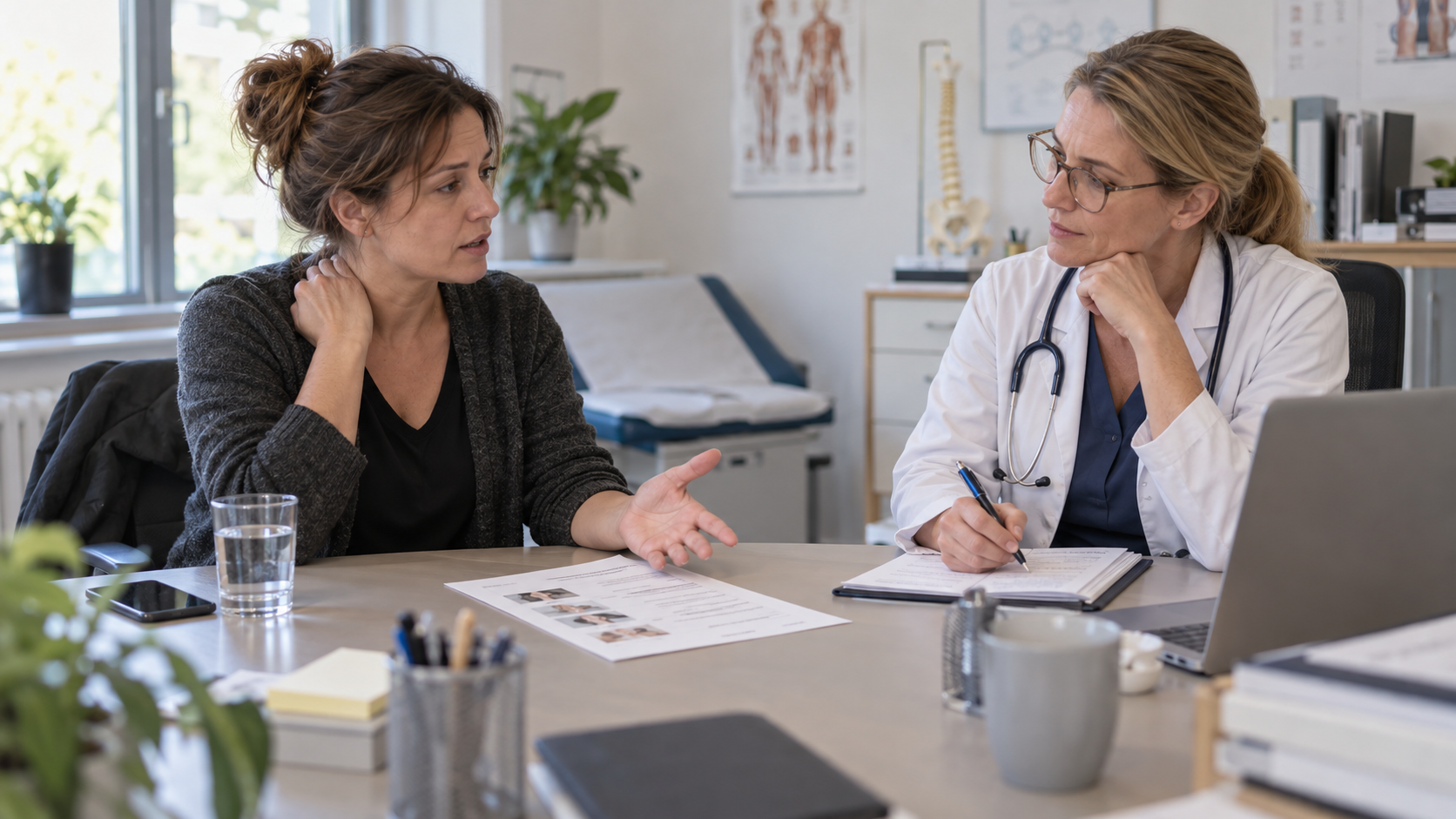 Arbeitnehmerin bespricht gesundheitliche Einschränkungen und ihre Tätigkeit mit einer Ärztin.