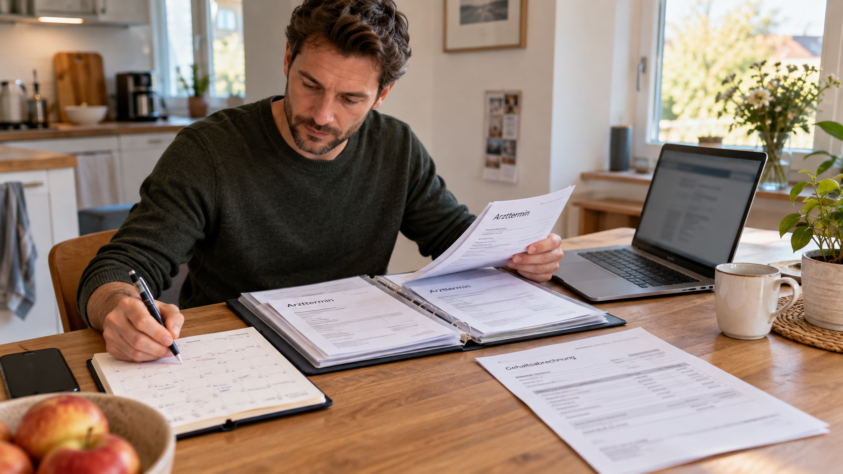 Arbeitnehmer ordnet Arzttermine, Kalender und Abrechnung zur Vorbereitung einer Lohnforderung.