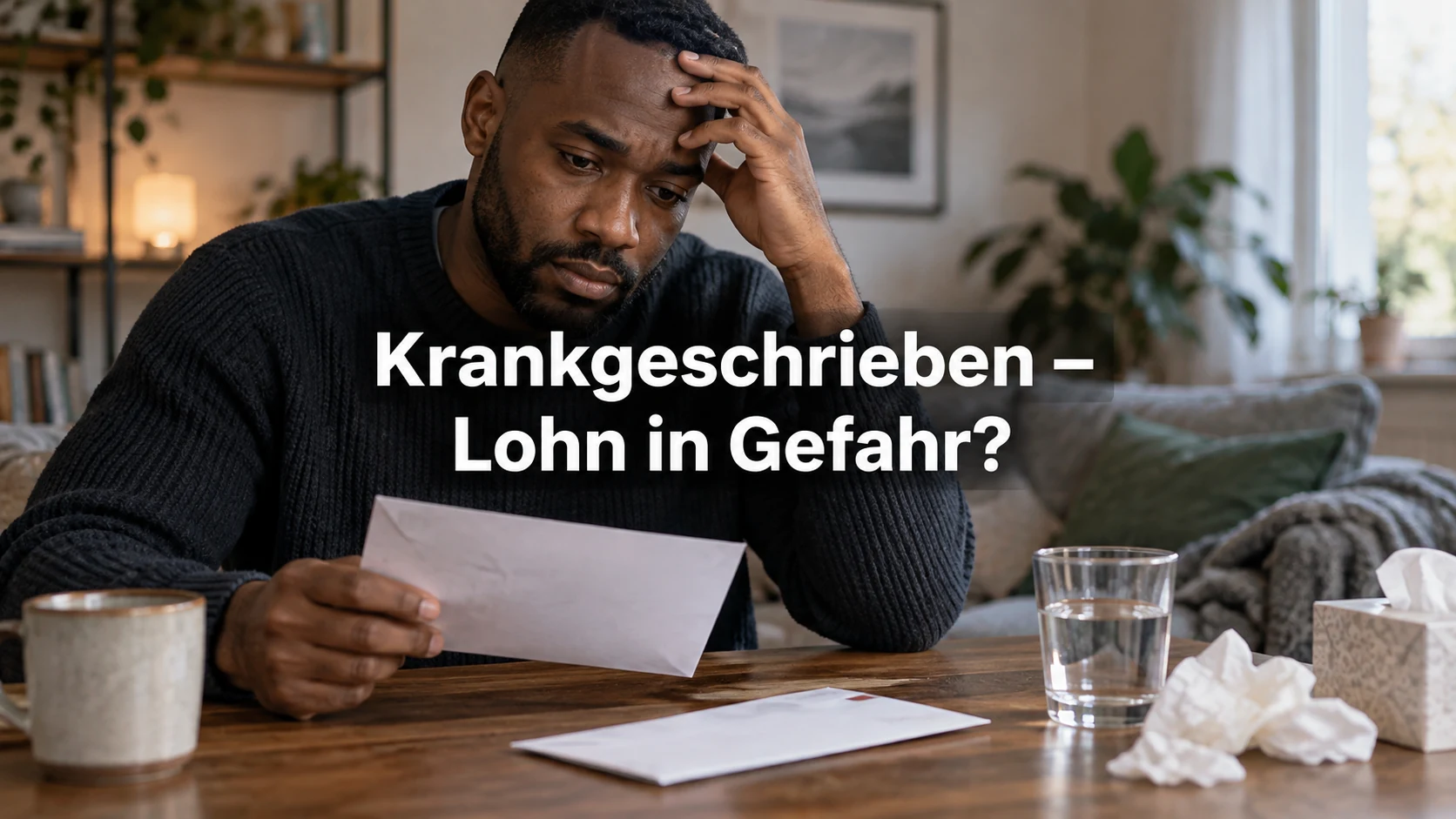 Krankschreibung nach Kündigung: Beweiswert prüfen und Lohn sichern. Repräsentative Szene; zentraler Text: Krankgeschrieben – Lohn in Gefahr?