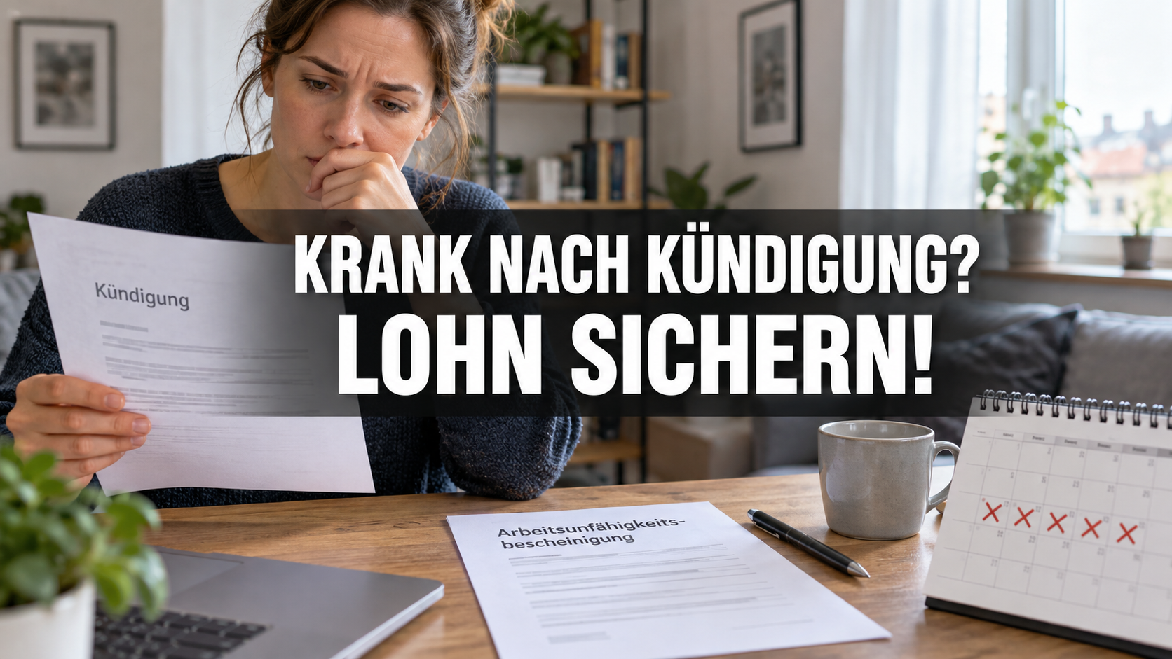 Besorgte Arbeitnehmerin mit Kündigung und Arztunterlagen; mittiger Text: Krank nach Kündigung? Lohn sichern!