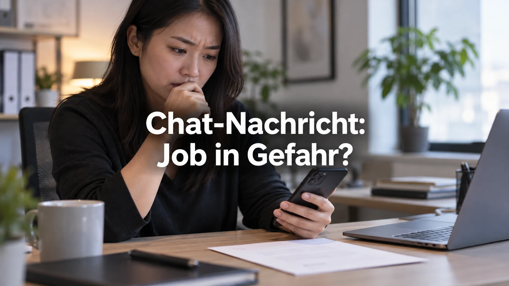 Kündigung wegen Beleidigung: WhatsApp, Abmahnung und Fristen. Repräsentative Szene; zentraler Text: Chat-Nachricht: Job in Gefahr?