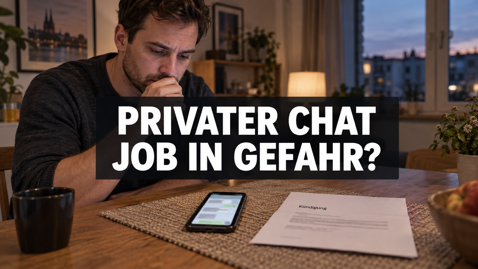 Ein Arbeitnehmer betrachtet sein Telefon und ein Kündigungsschreiben mit der zentralen Frage: Privater Chat – Job in Gefahr?