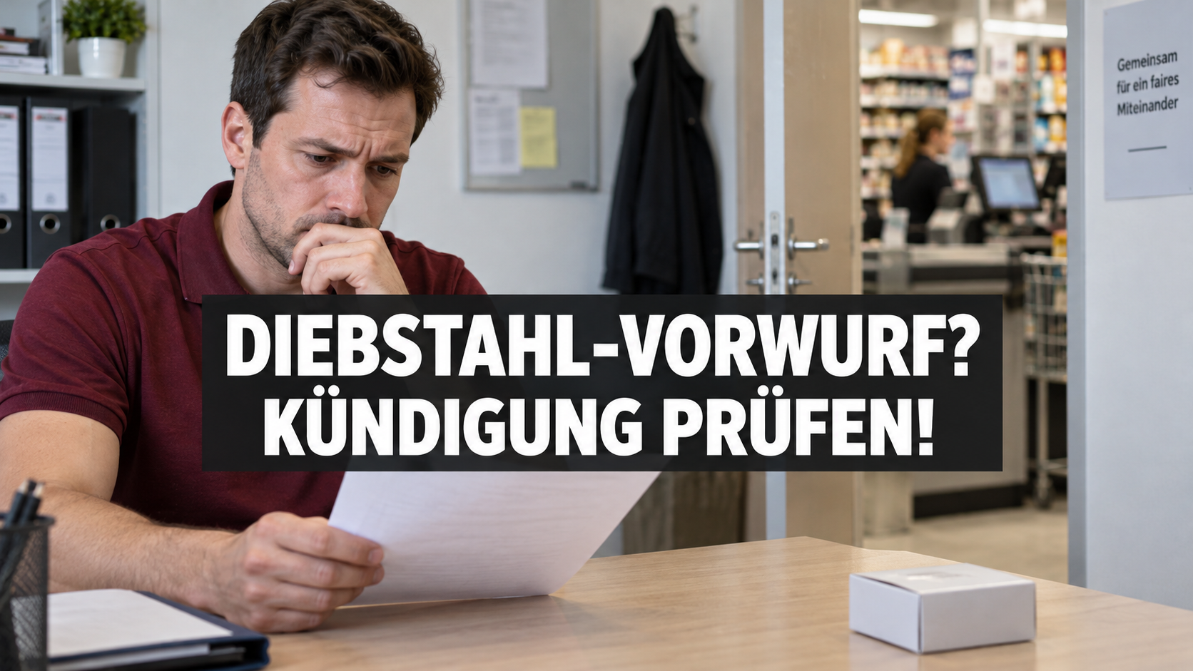Ein Arbeitnehmer prüft ein Schreiben mit der zentralen Frage: Diebstahl-Vorwurf? Kündigung prüfen!