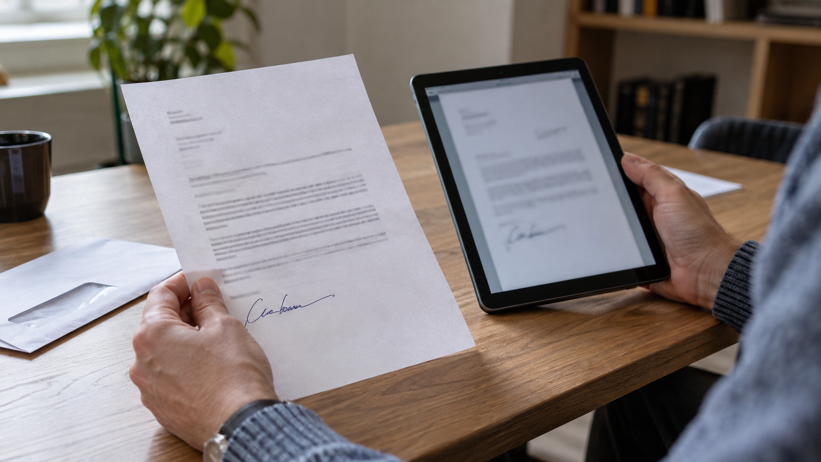 Hände vergleichen einen fiktiven unterschriebenen Papierbrief mit einer digitalen Kopie auf einem Tablet.