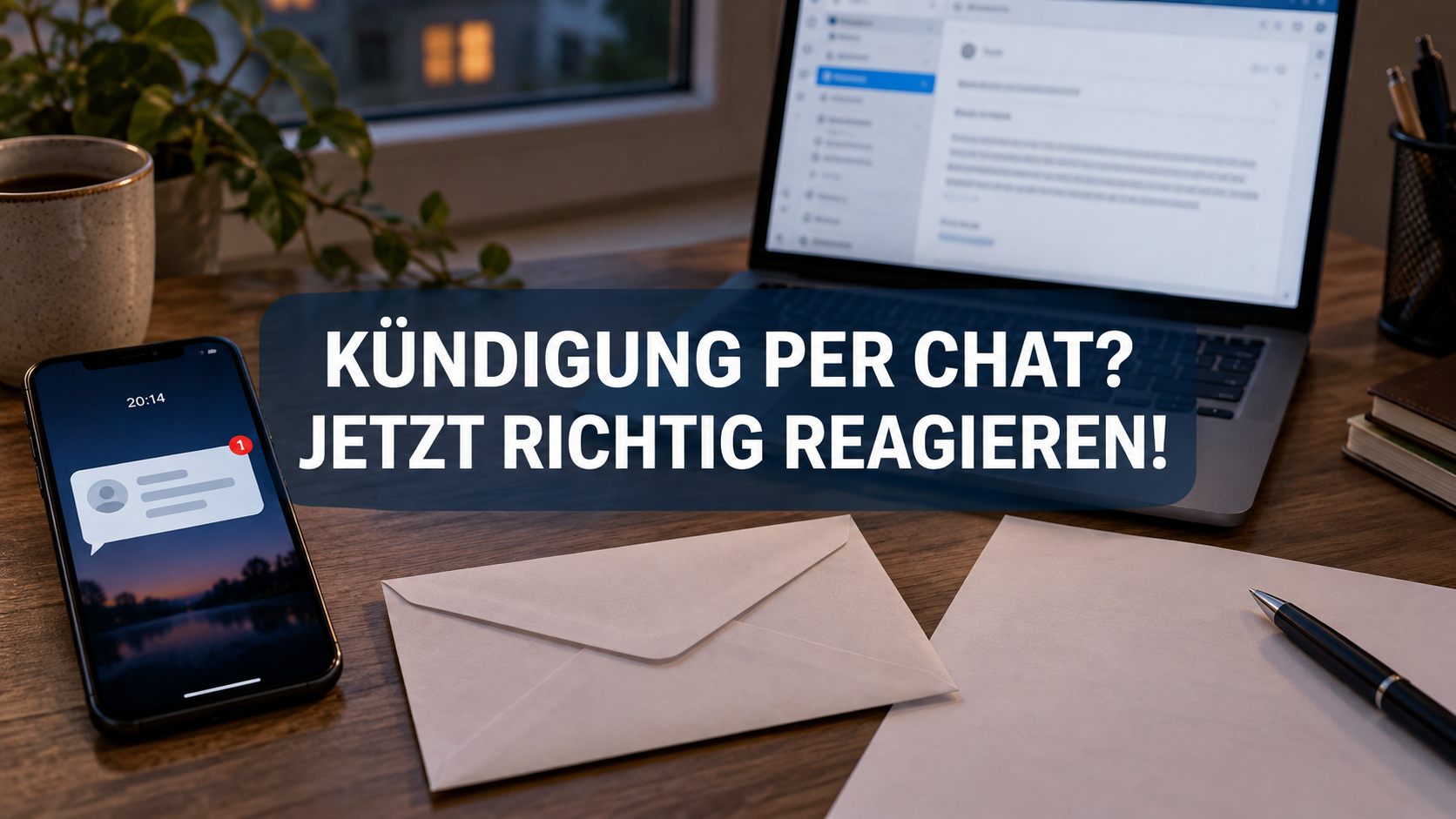 Smartphone und Laptop mit fiktiver Kündigungsnachricht am Schreibtisch; zentraler Schriftzug: Kündigung per Chat? Jetzt richtig reagieren!