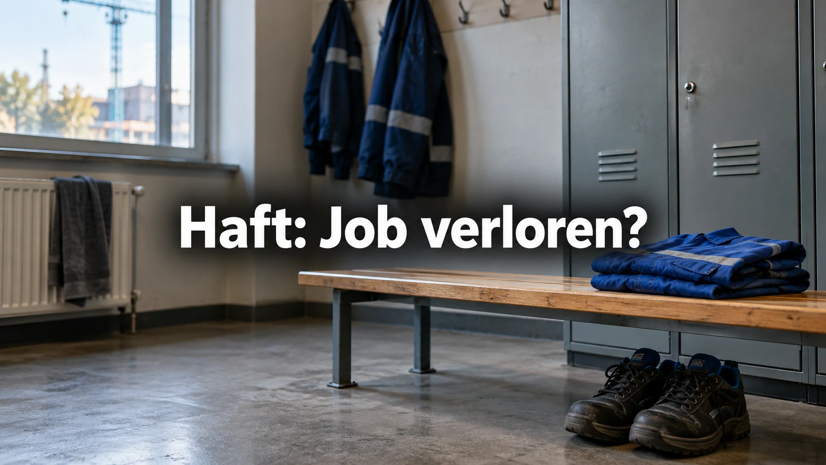 Fiktive leere Werkstattumkleide mit Arbeitskleidung und Sicherheitsschuhen. Zentraler Text: Haft: Job verloren?