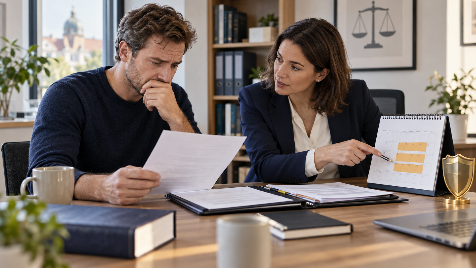 Arbeitnehmer prüft mit einer Arbeitsrechtlerin Kündigungsschreiben, Nachweise und die dreiwöchige Klagefrist.