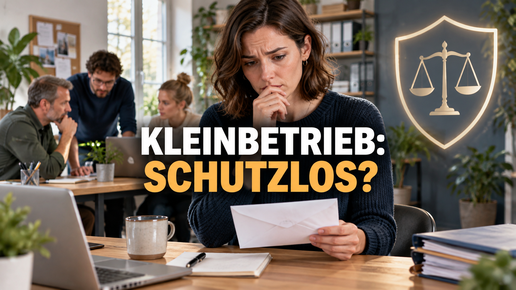 Arbeitnehmerin mit Kündigungsschreiben und der Frage: Kleinbetrieb – schutzlos?
