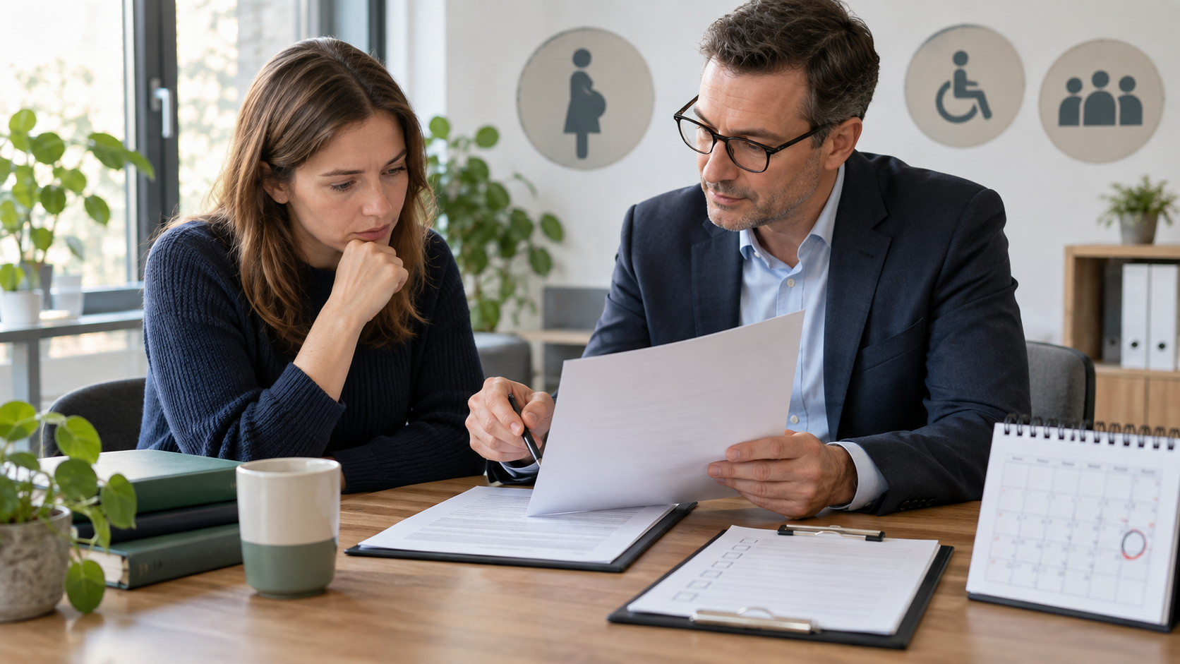 Arbeitnehmerin und Berater prüfen Kündigungsschreiben, Arbeitsvertrag, Kalender und besondere Schutzrechte.