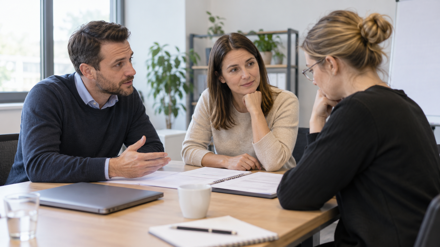 Drei Personen besprechen sachlich Leistungsanforderungen und mögliche Unterstützung in einem Büro.