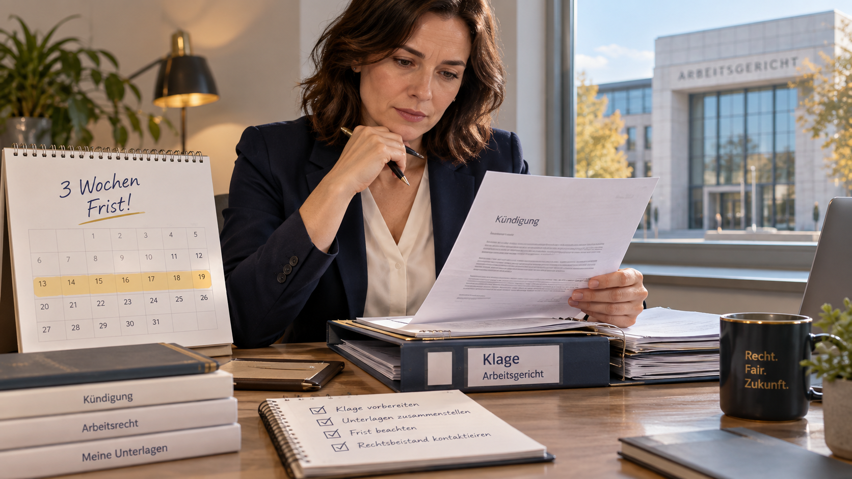 Arbeitnehmer ordnet Kündigungsschreiben, Kalender mit Dreiwochenfrist und Unterlagen für das Arbeitsgericht.