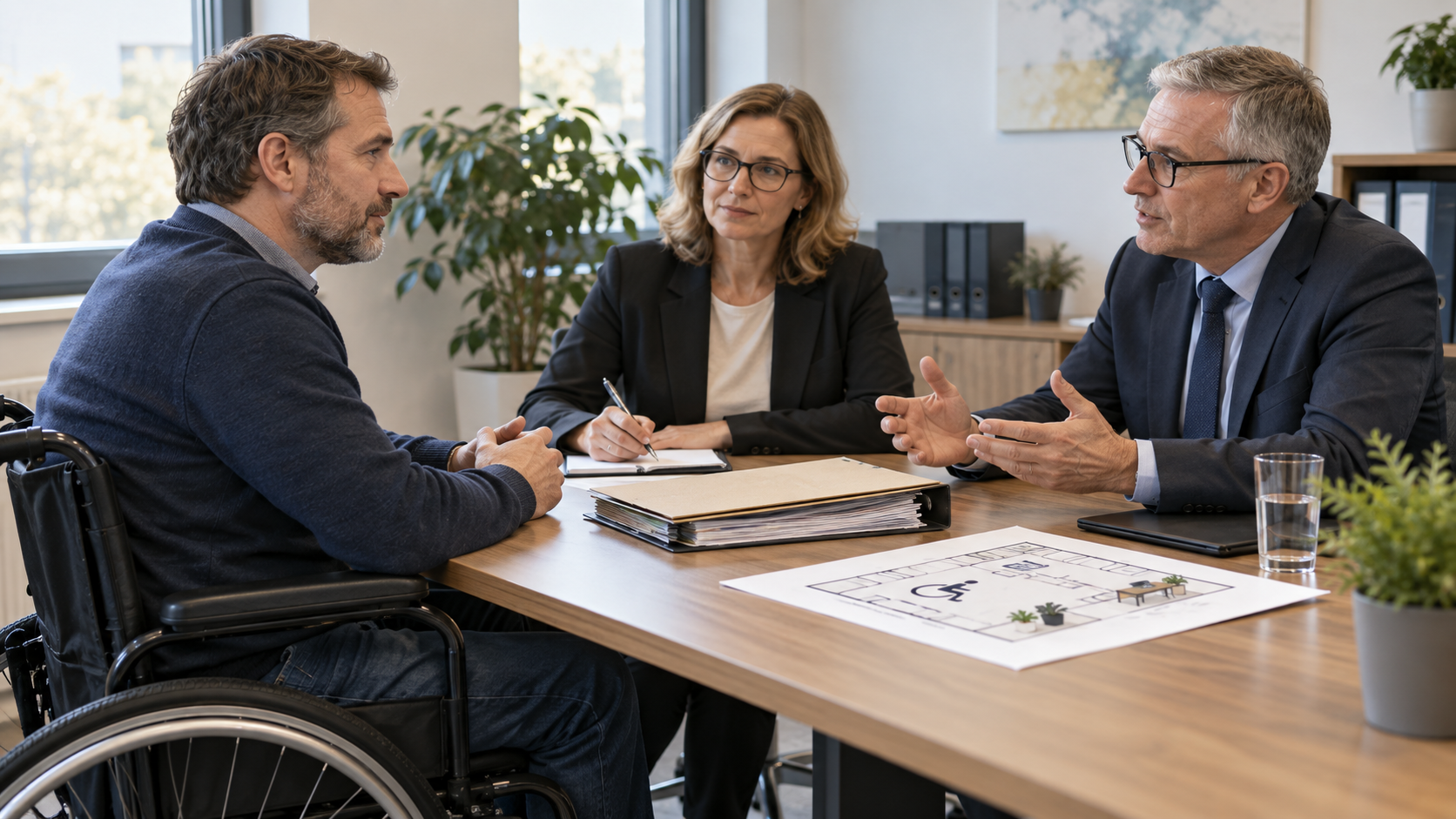 Beschäftigte, Arbeitgebervertreter und neutrale Fachperson beraten über eine Kündigung und mögliche Alternativen.