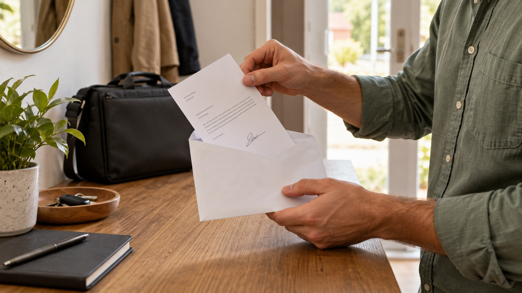Arbeitnehmer steckt eine unterschriebene Kündigung in einen Umschlag zur anschließenden Zustellung