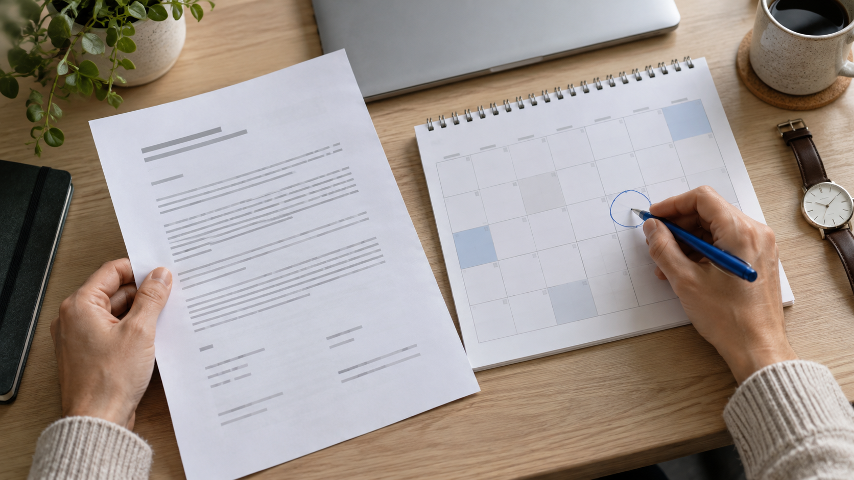 Hände vergleichen einen Arbeitsvertrag mit einem Kalender und markieren einen möglichen Fristtermin