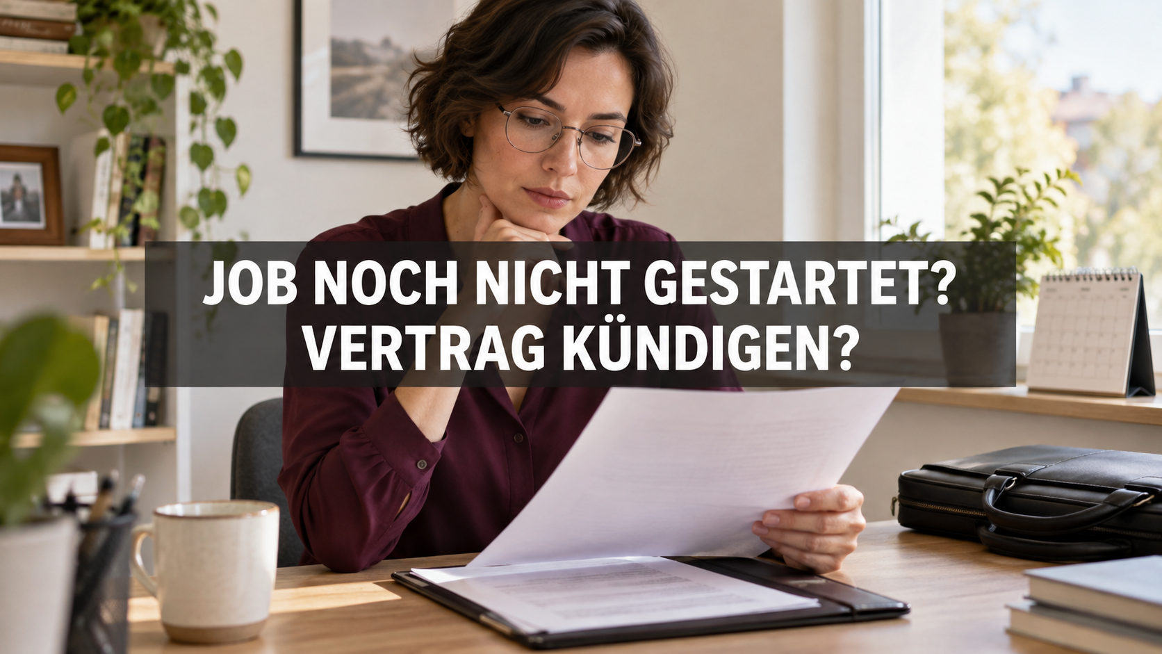 Arbeitnehmerin prüft einen Arbeitsvertrag vor dem ersten Arbeitstag; zentral steht: Job noch nicht gestartet? Vertrag kündigen?
