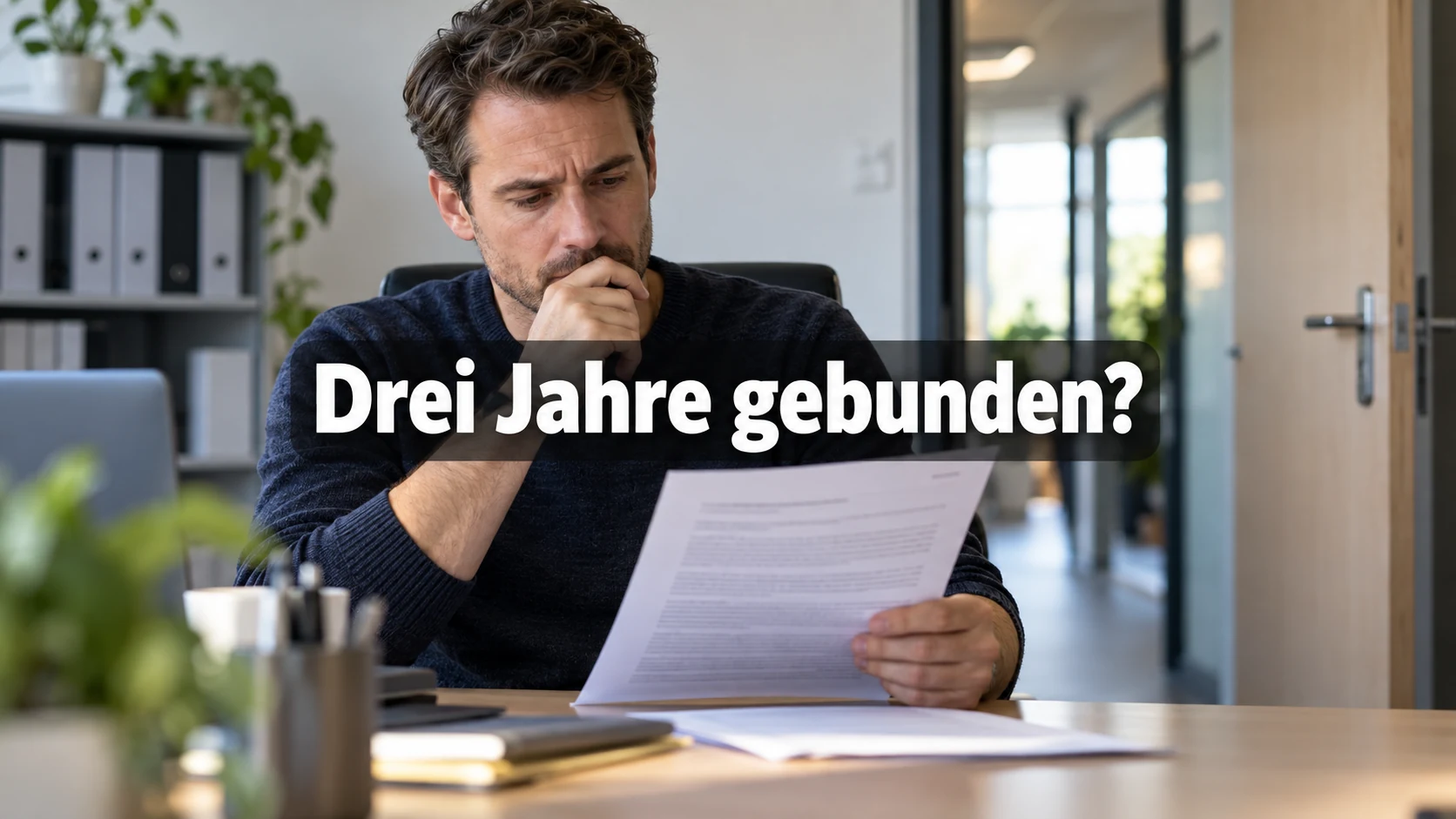 Fiktiver Arbeitnehmer prüft einen Vertragsnachtrag am Schreibtisch; zentral steht: Drei Jahre gebunden?