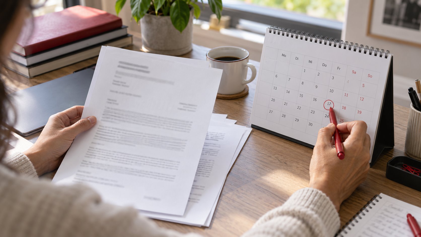 Eine Arbeitnehmerin vergleicht Vertragsunterlagen mit einem Kalender und markiert einen Termin.