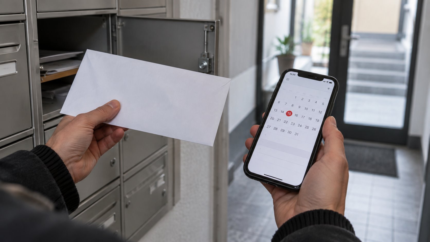 Eine Person hält am Briefkasten einen Umschlag und prüft ein Datum im Smartphone-Kalender.