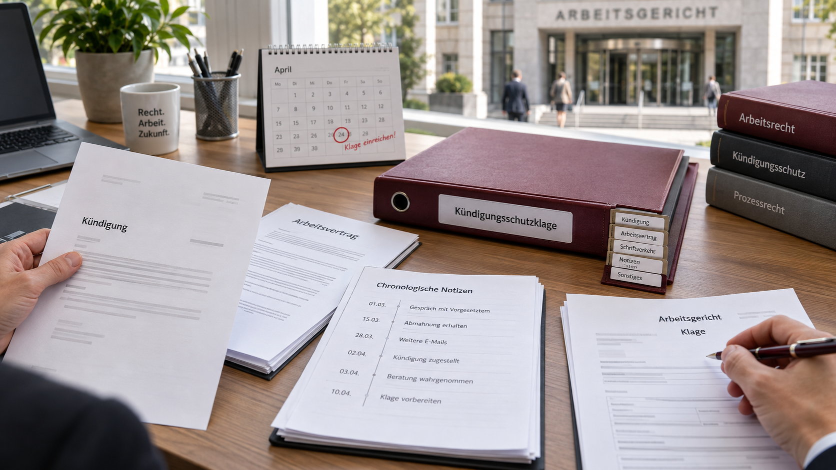 Kündigung, Arbeitsvertrag und chronologische Notizen werden für eine Klage beim Arbeitsgericht geordnet.