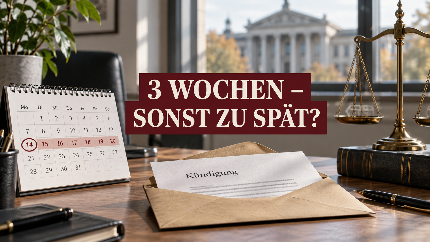 Kündigungsschreiben, Kalender und Waage der Justiz mit dem Hinweis: 3 Wochen – sonst zu spät?