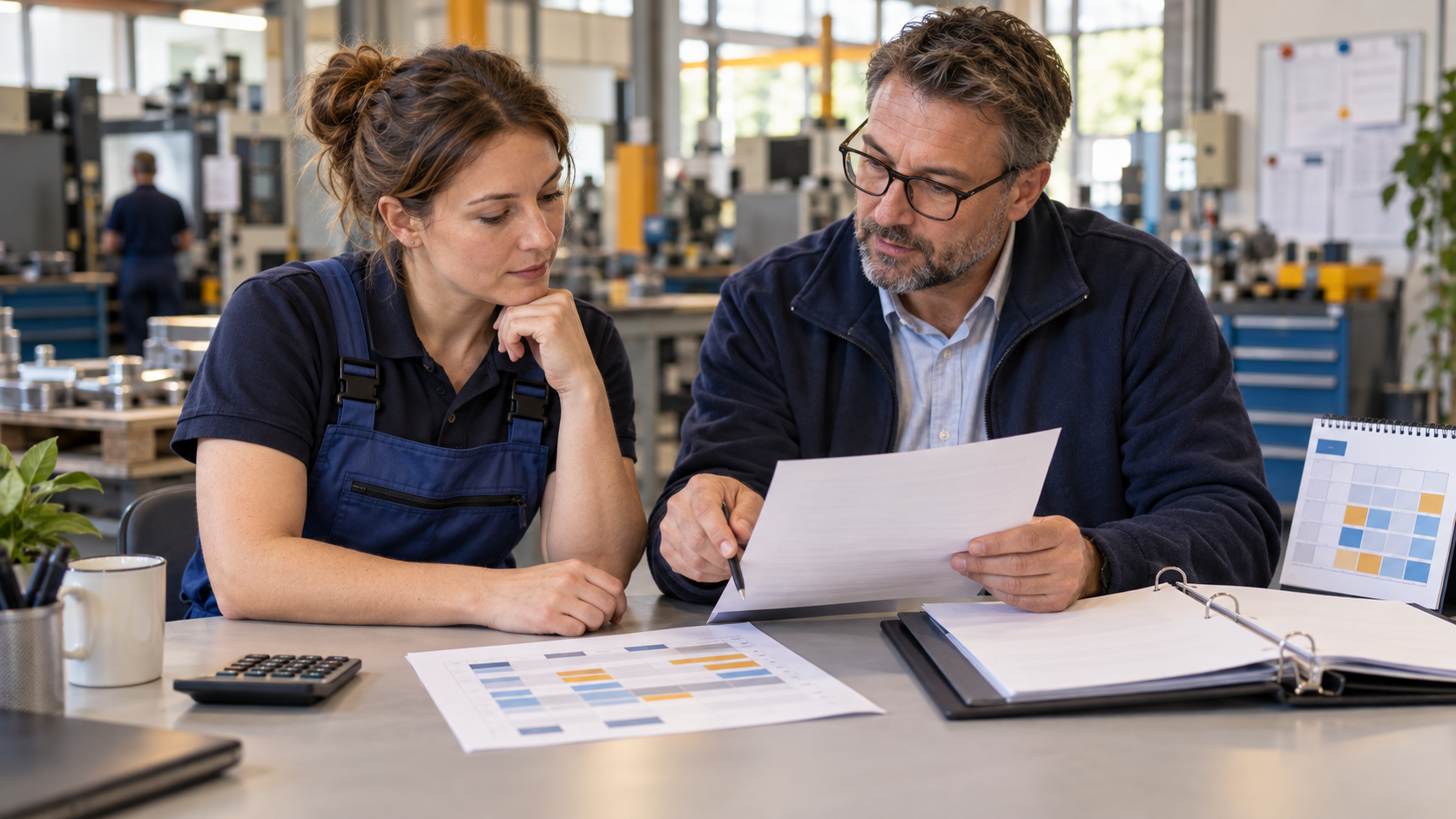 Arbeitnehmerin und Betriebsvertreter prüfen an einem Werkstattisch eine Kurzarbeitsvereinbarung und einen reduzierten Schichtplan.
