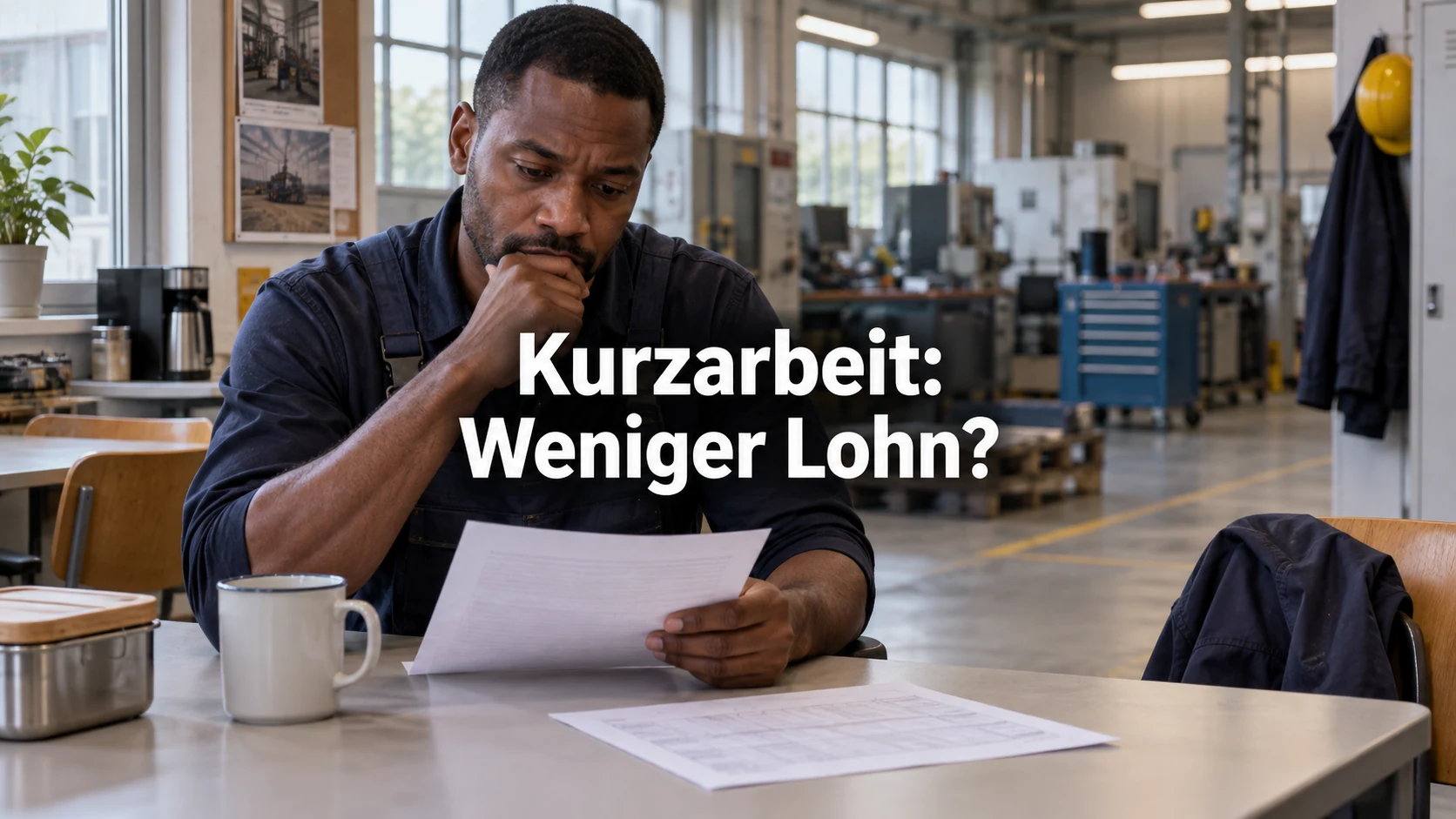 Kurzarbeit 2026: Gehalt, Urlaub und Rechte der Arbeitnehmer. Repräsentative Szene; zentraler Text: Kurzarbeit: Weniger Lohn?