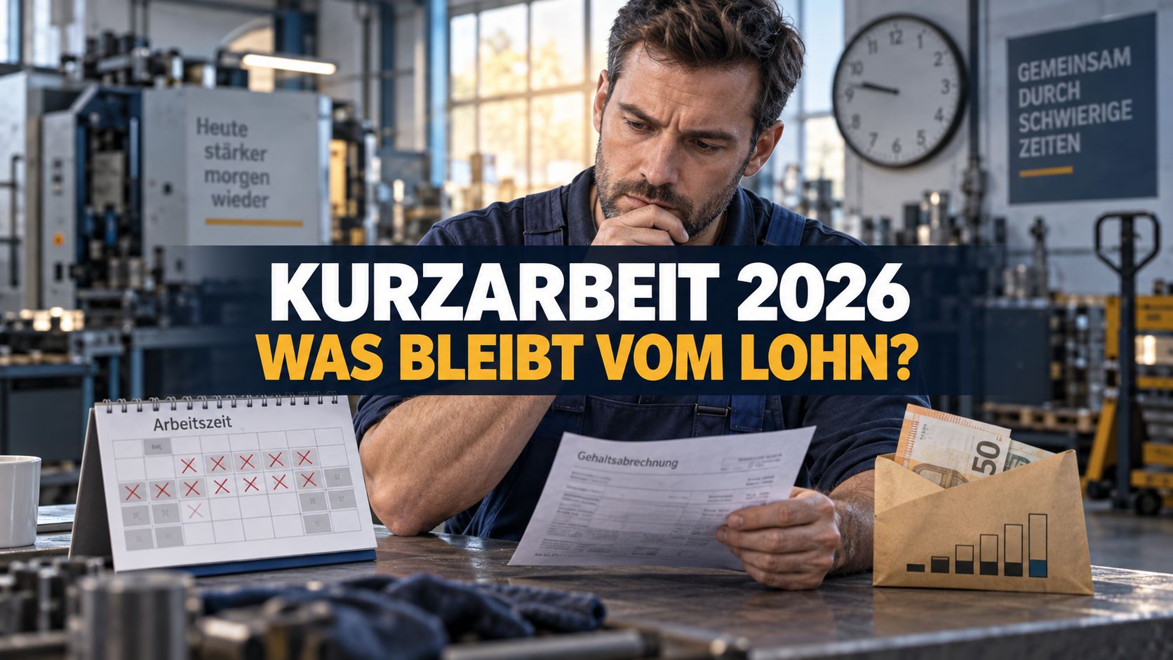 Arbeitnehmer in einer Werkhalle mit Lohnabrechnung und der zentralen Frage: Kurzarbeit 2026 – Was bleibt vom Lohn?