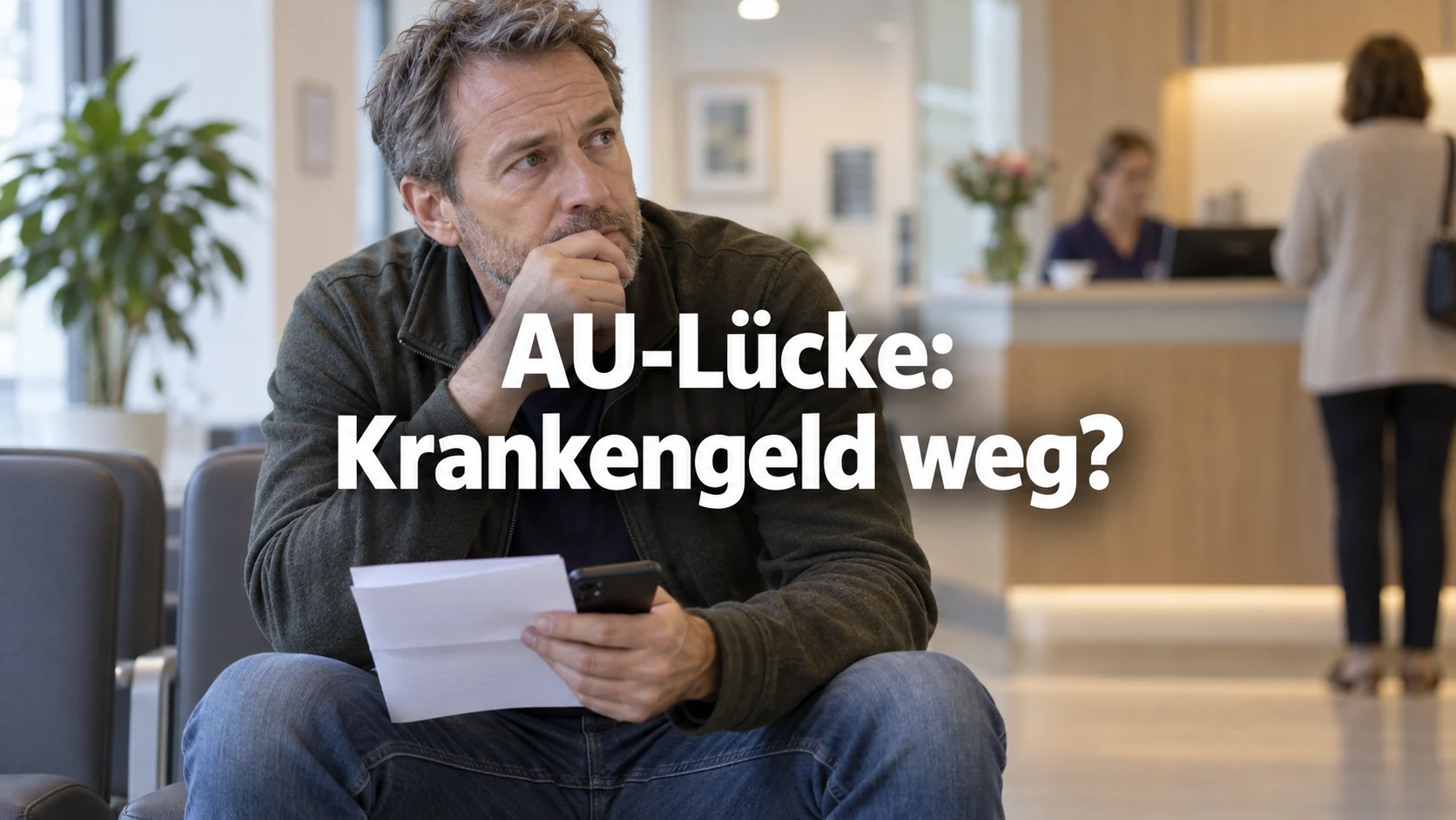 Fiktiver Beschäftigter wartet mit Papier und Telefon in einer Arztpraxis. Zentraler Text: AU-Lücke: Krankengeld weg?