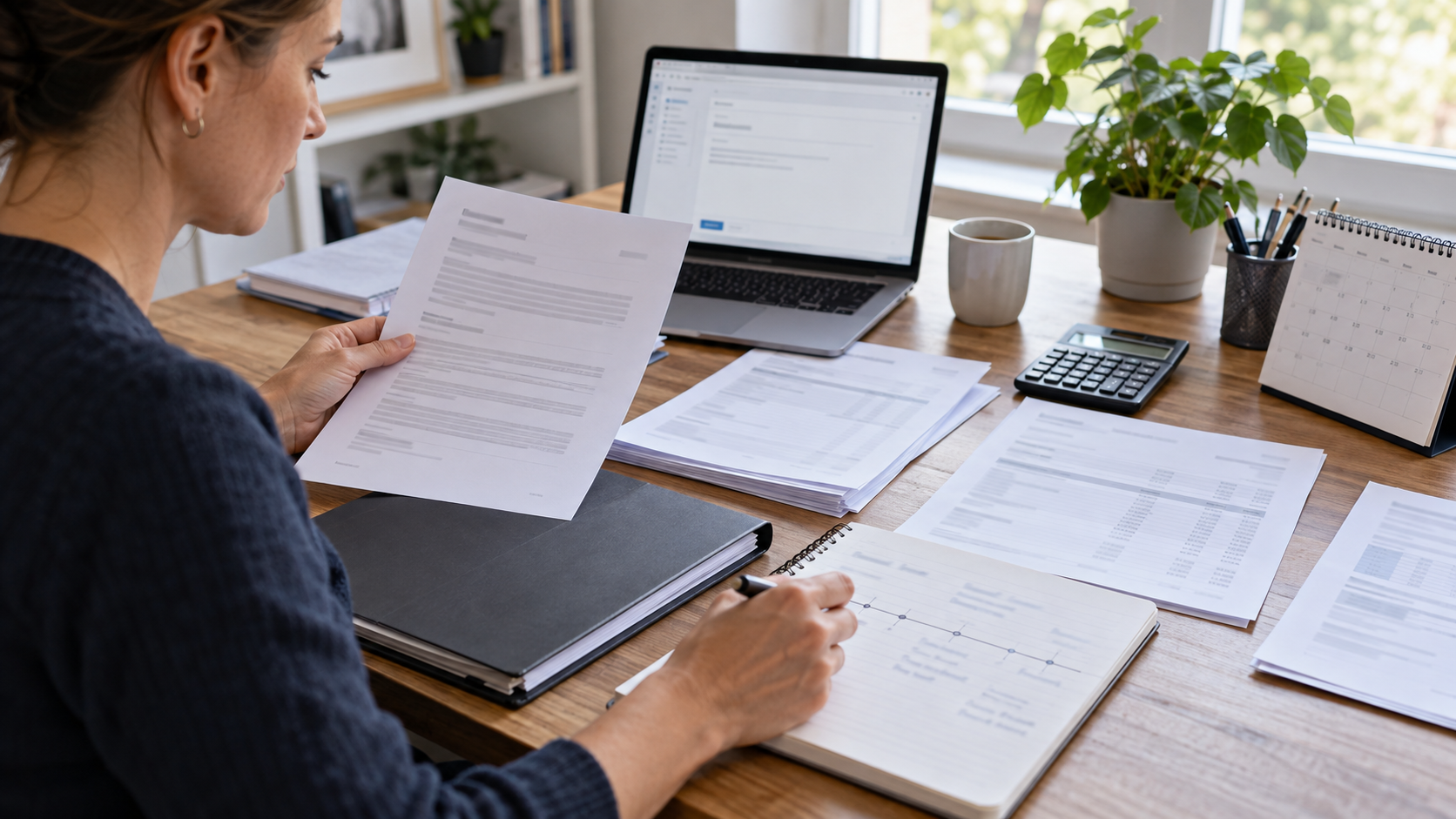 Arbeitnehmerin ordnet Arbeitsvertrag, Abrechnungen, Kontoauszüge und eine Zeitleiste für die Lohnforderung.