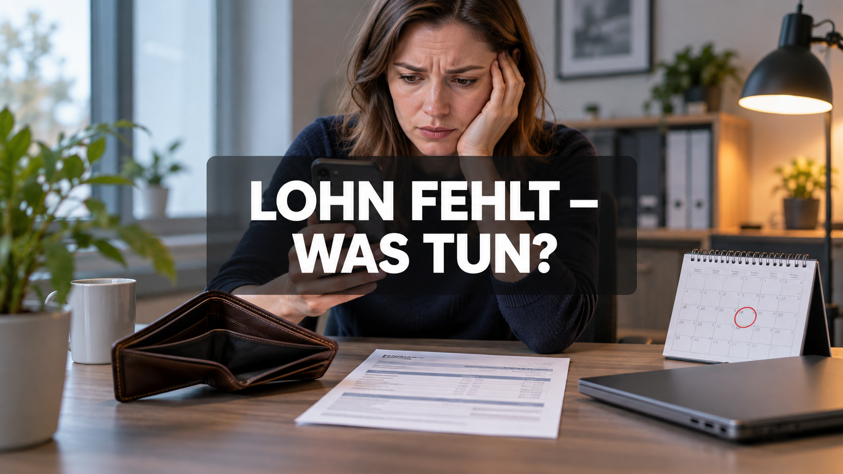 Arbeitnehmerin prüft leeres Konto neben Geldbörse und Kalender mit der Frage: Lohn fehlt – was tun?