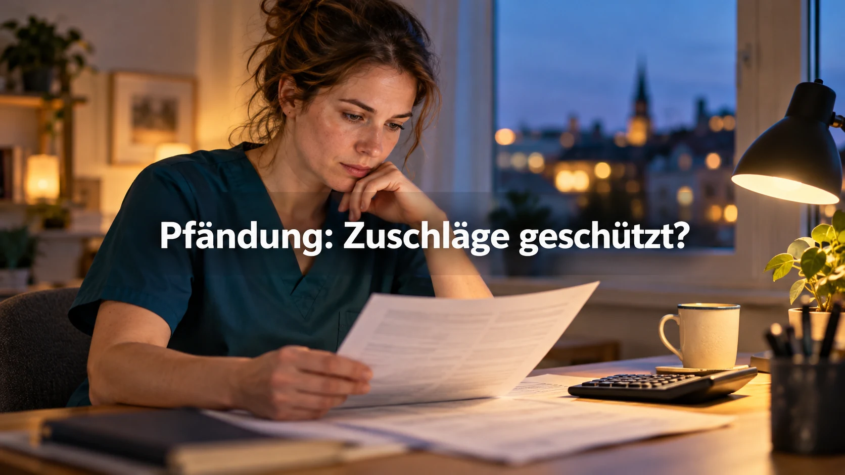Fiktive Pflegekraft prüft abends ihre Gehaltsabrechnung am Tisch mit Taschenrechner; zentral steht: Pfändung: Zuschläge geschützt?
