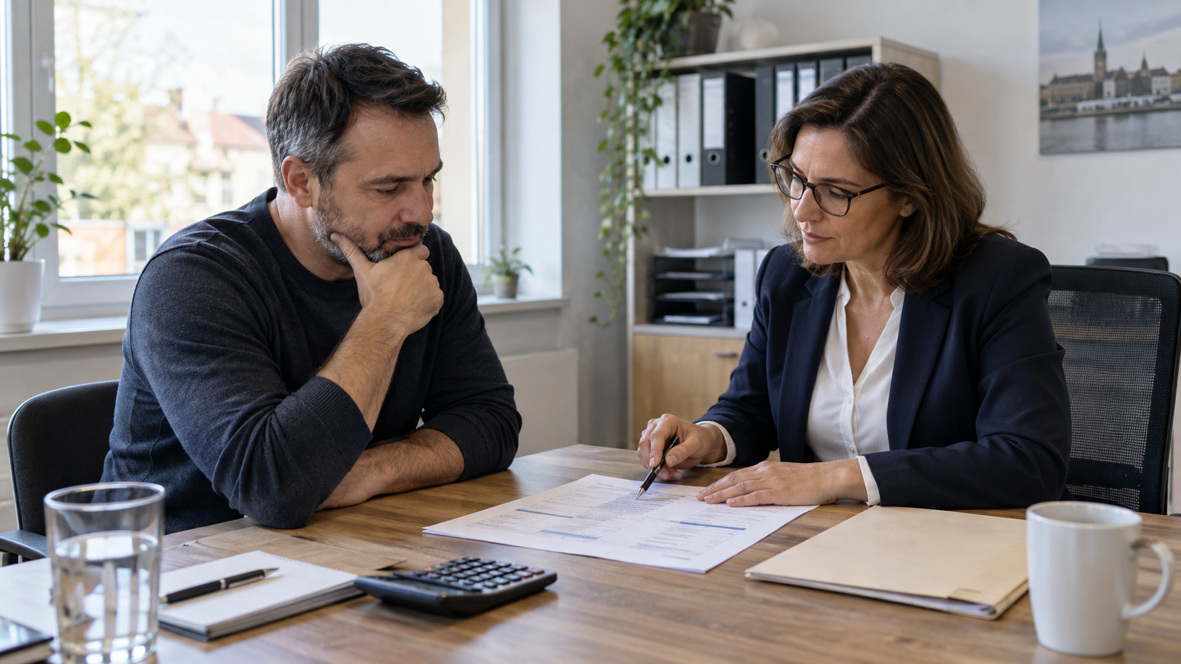Arbeitnehmer und Abrechnungsfachkraft prüfen gemeinsam eine fiktive Rückzahlungsvereinbarung.